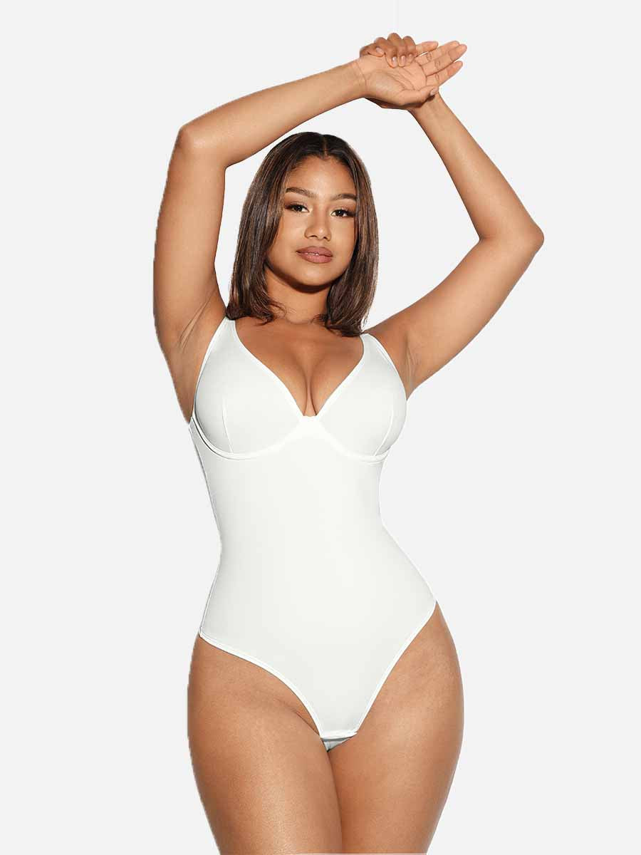 HeyCurve| V Neck Tummy Control Thong Bodysuit