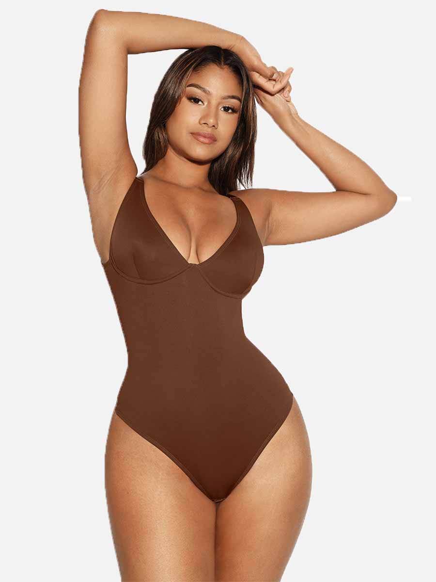 HeyCurve| V Neck Tummy Control Thong Bodysuit