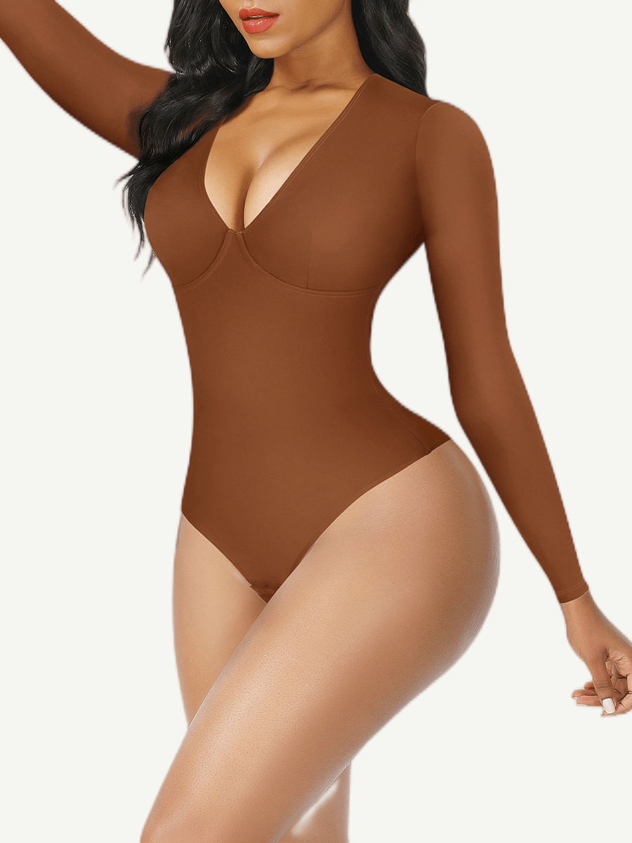 HeyCurve| V-hals langærmet thong kropsdragt med taljekontrol