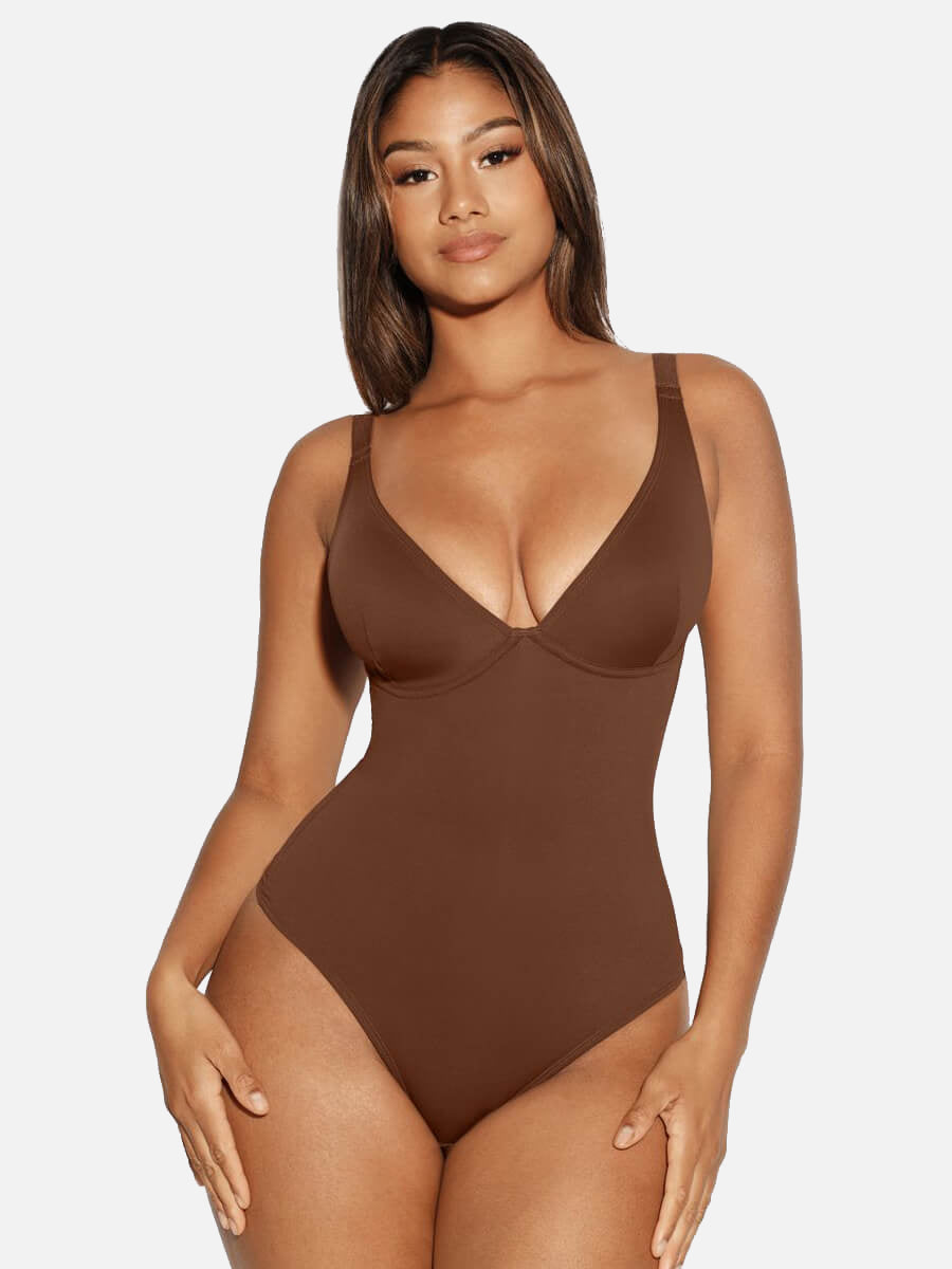 HeyCurve| V Neck Tummy Control Thong Bodysuit