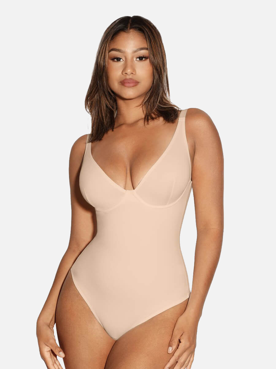 HeyCurve| V Neck Tummy Control Thong Bodysuit