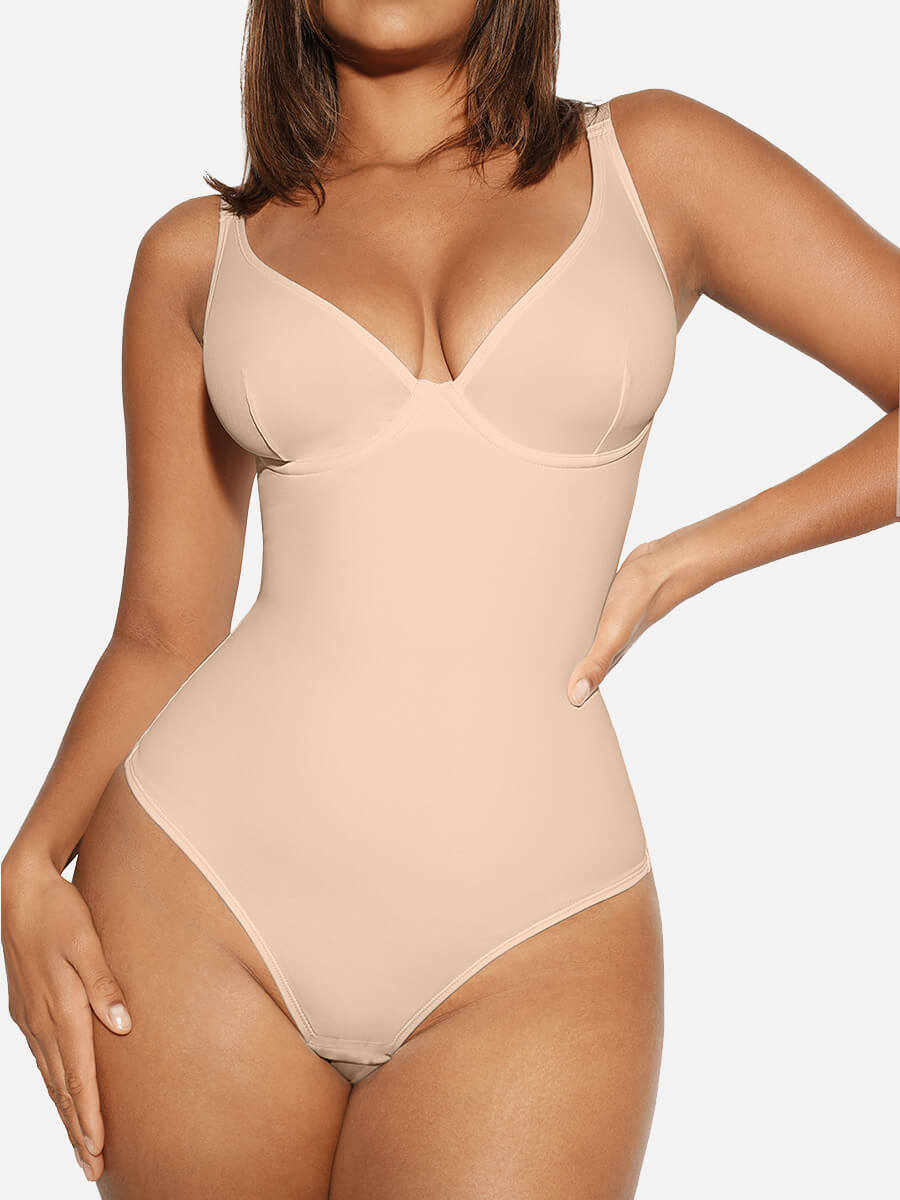 HeyCurve| V Neck Tummy Control Thong Bodysuit