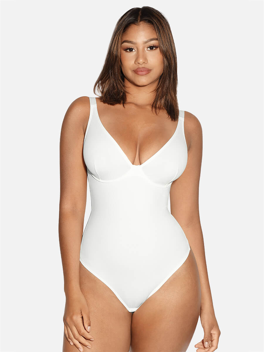 HeyCurve| V Neck Tummy Control Thong Bodysuit