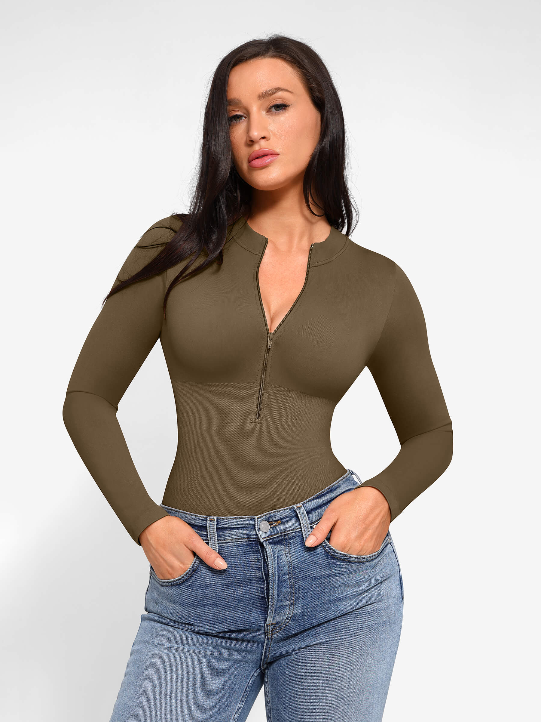 HeyCurve| Seamless Long Sleeve Zipper Thong Bodysuit