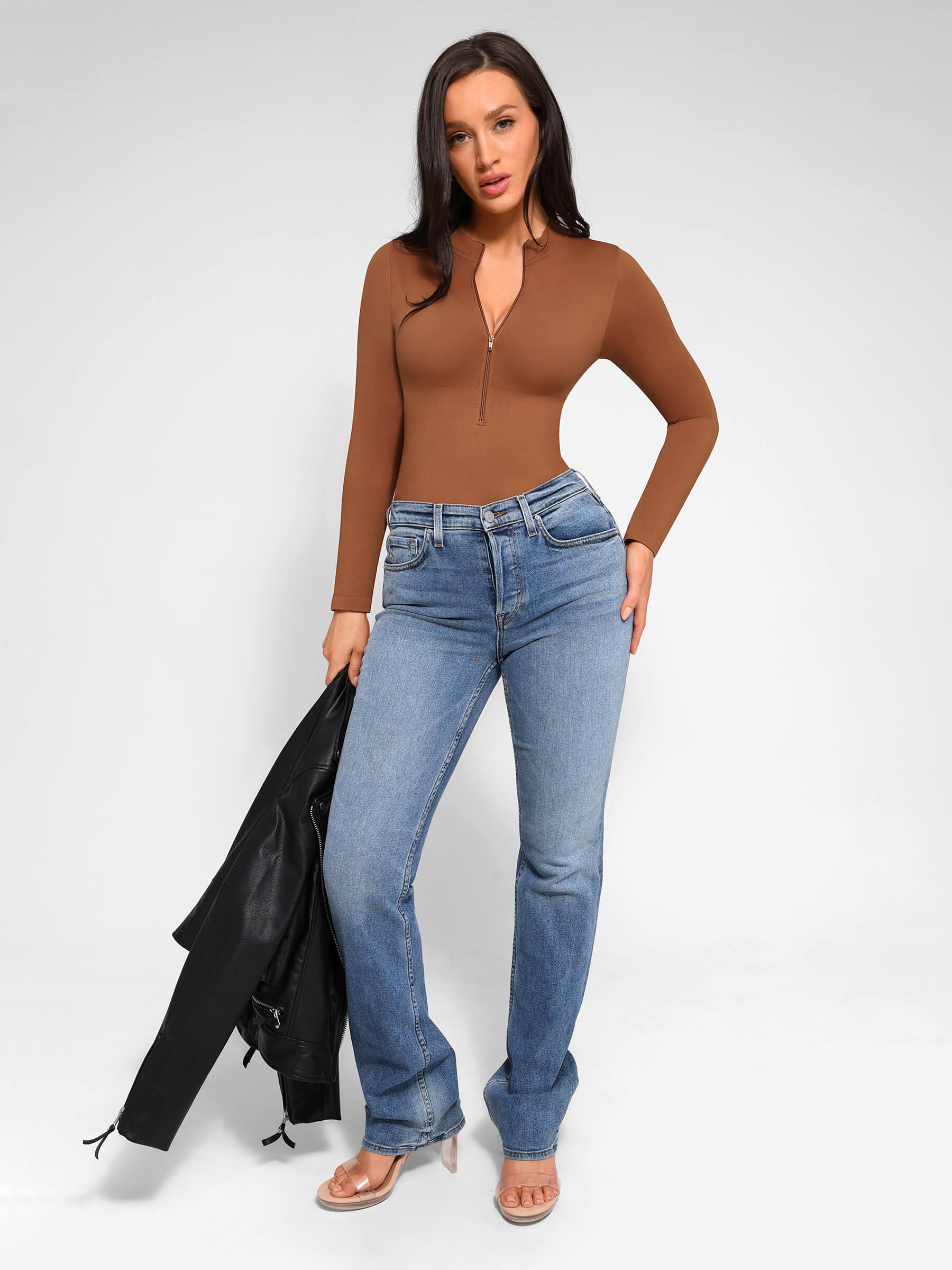 HeyCurve| Seamless Long Sleeve Zipper Thong Bodysuit