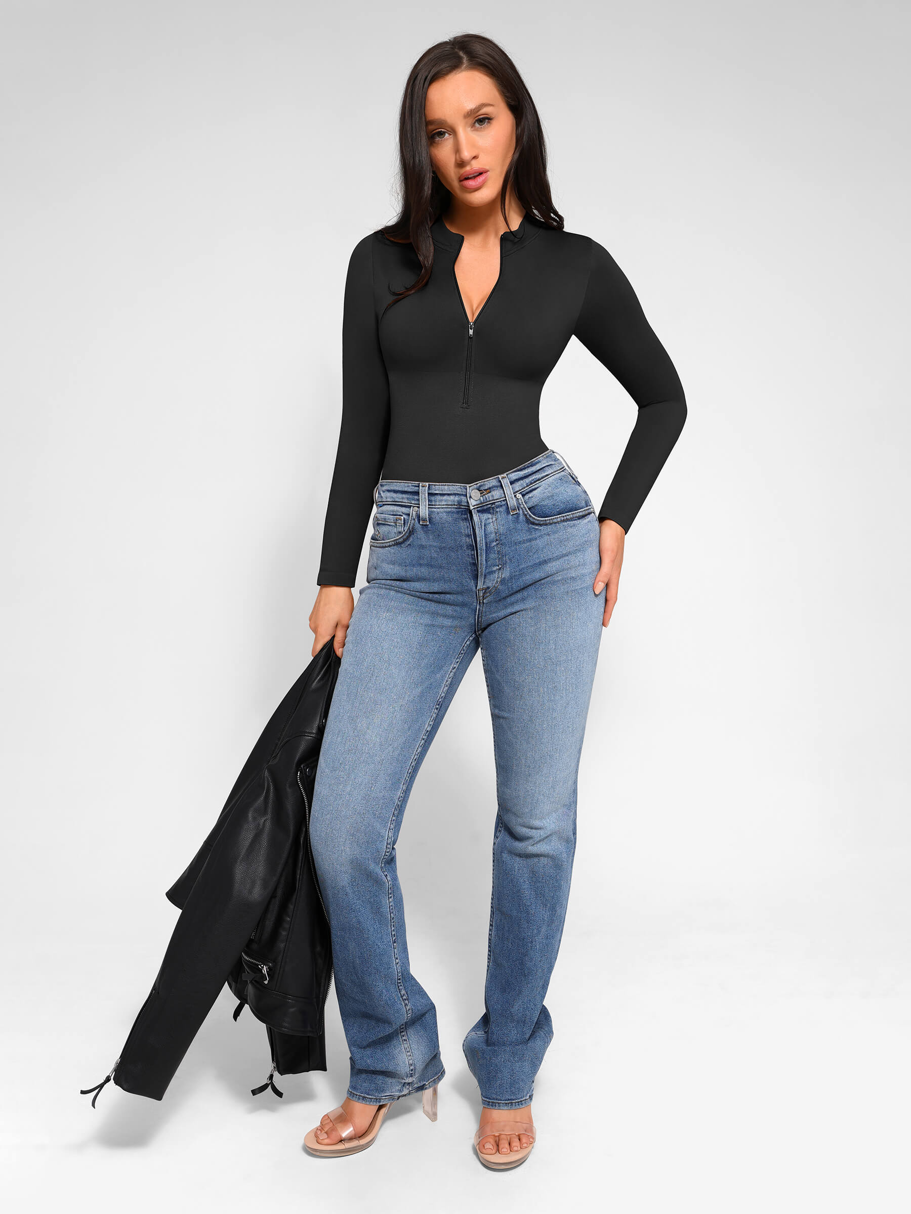 HeyCurve| Seamless Long Sleeve Zipper Thong Bodysuit