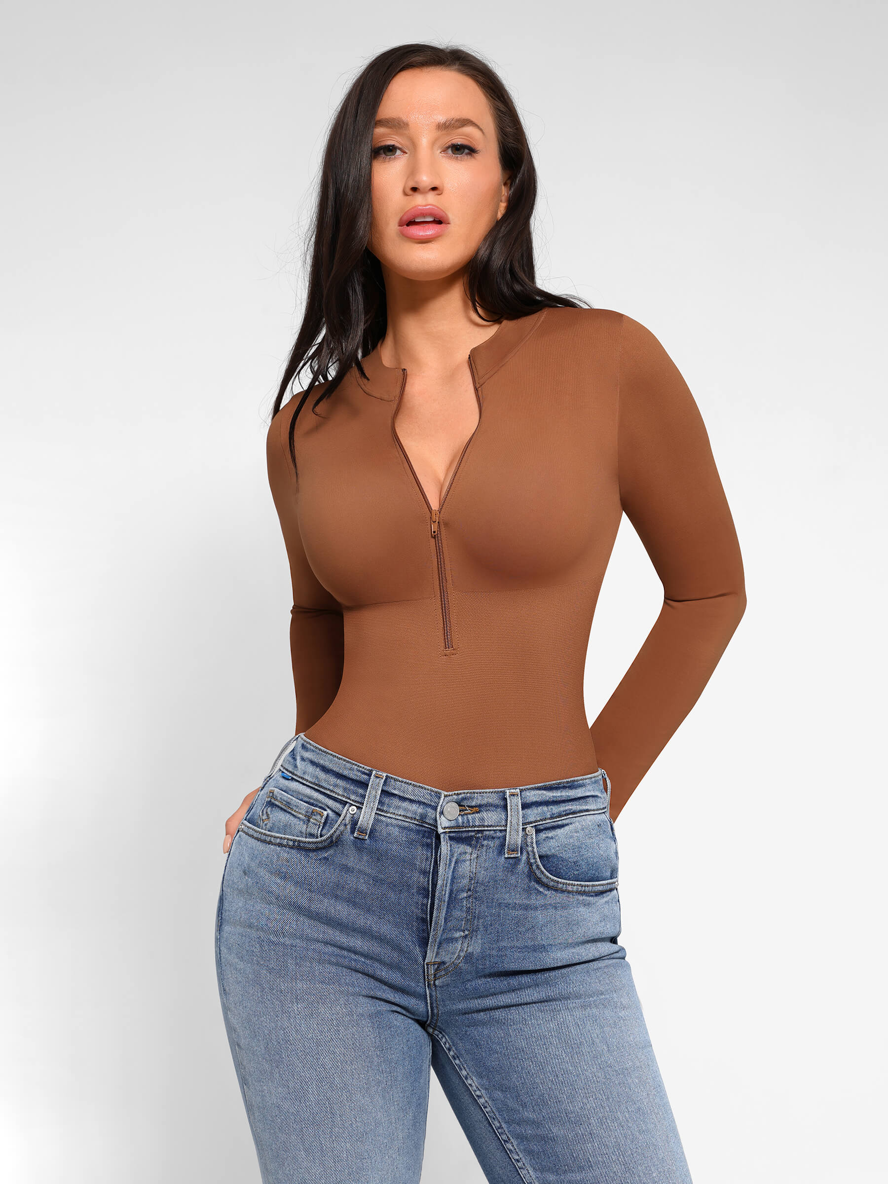 HeyCurve| Seamless Long Sleeve Zipper Thong Bodysuit