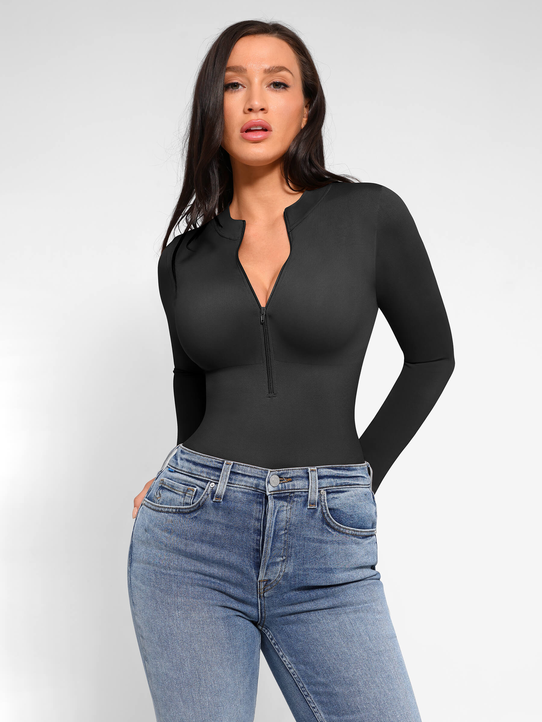 HeyCurve| Seamless Long Sleeve Zipper Thong Bodysuit