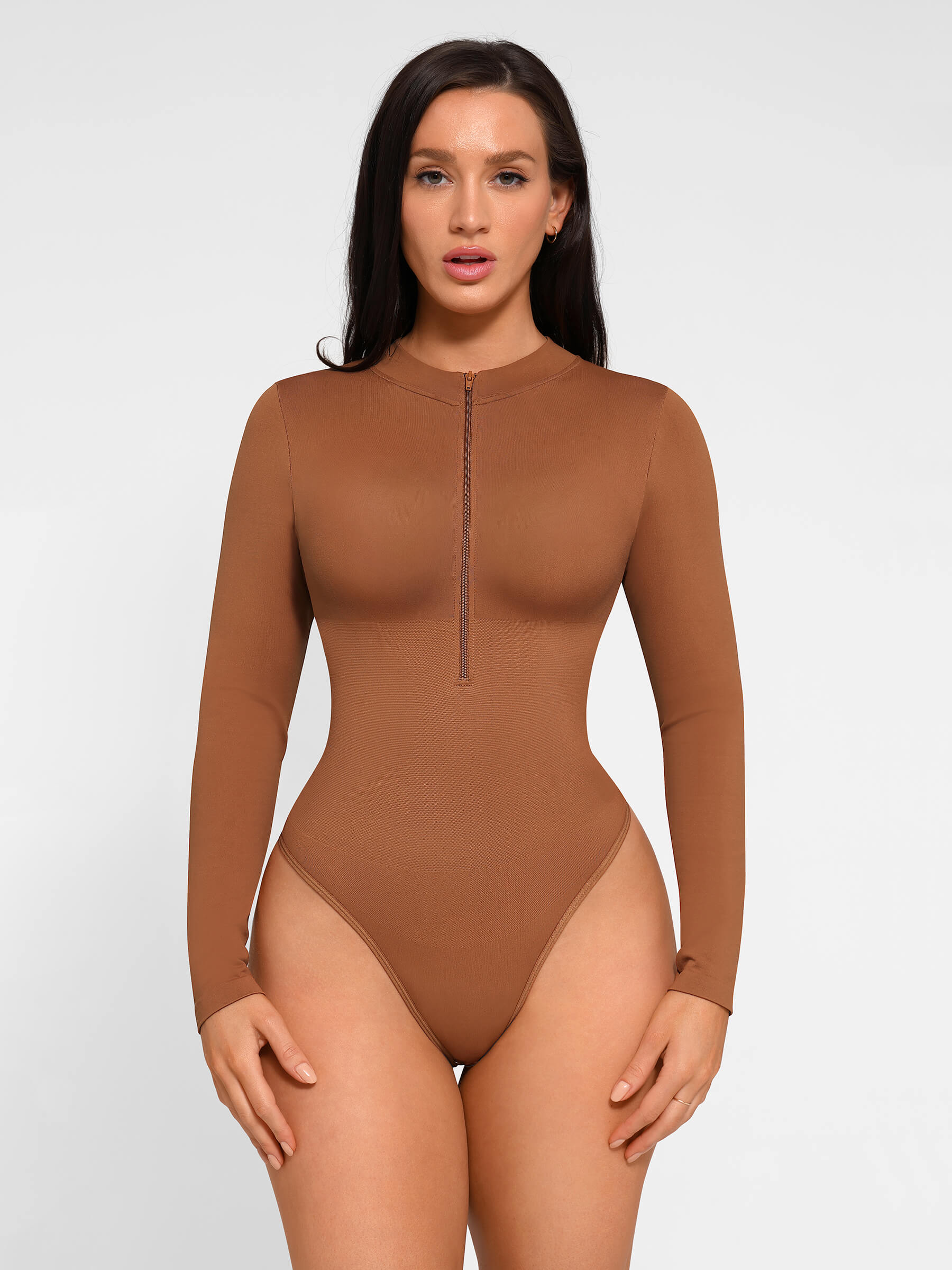 HeyCurve| Seamless Long Sleeve Zipper Thong Bodysuit