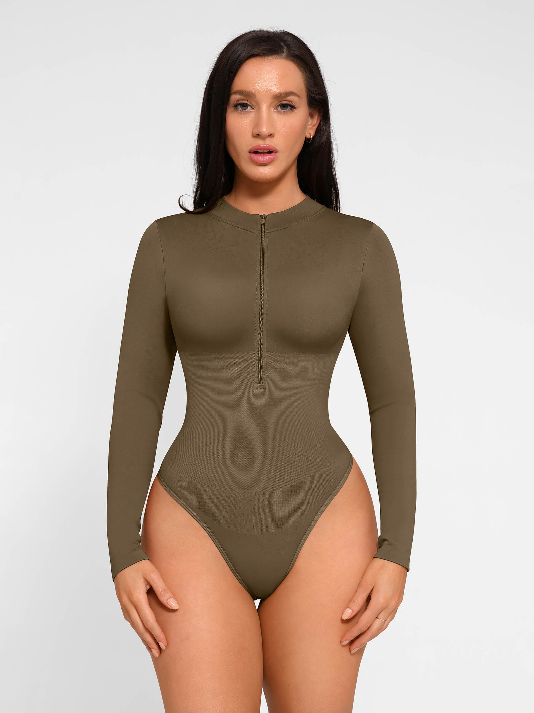 HeyCurve| Seamless Long Sleeve Zipper Thong Bodysuit