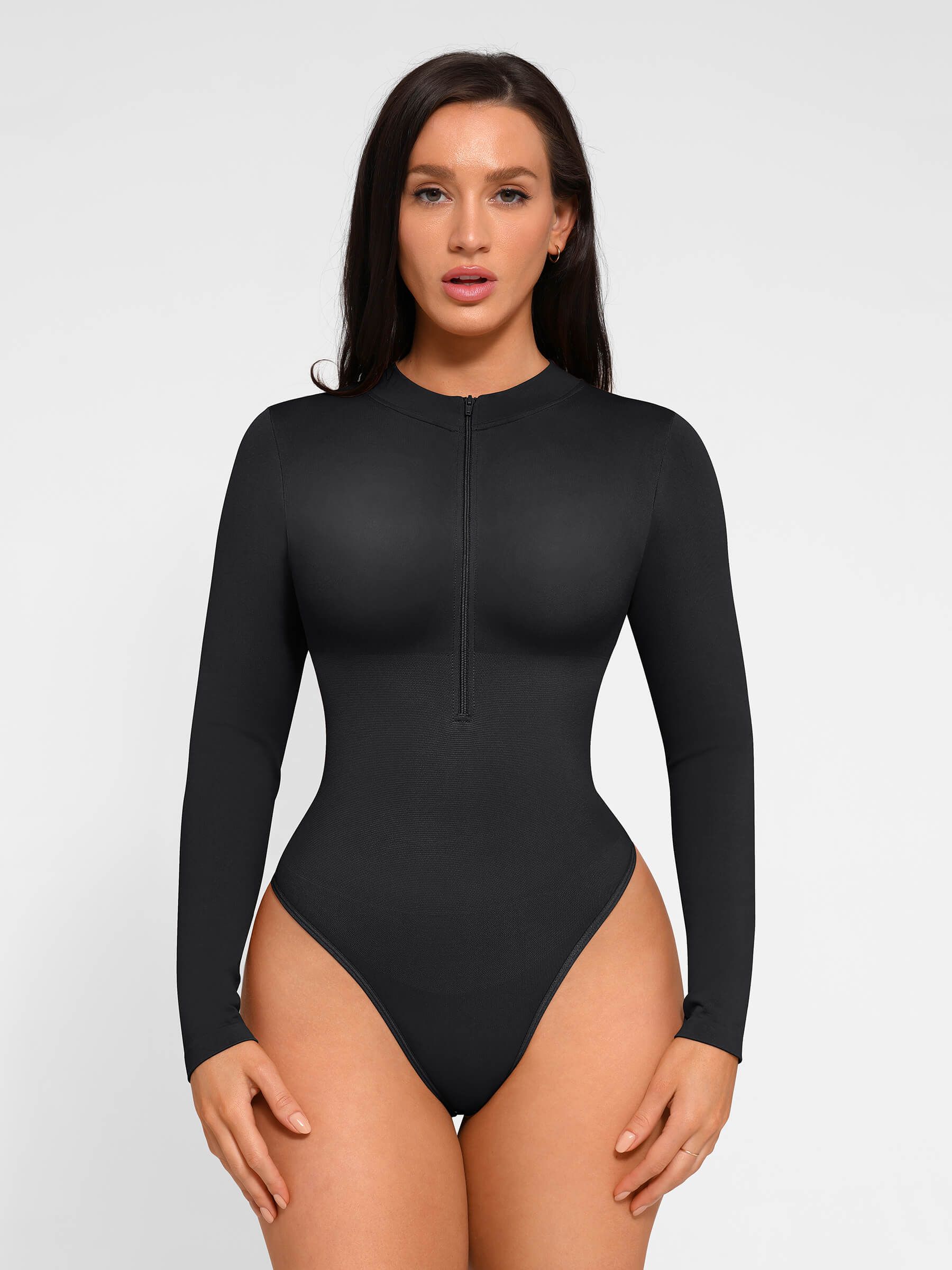 HeyCurve| Seamless Long Sleeve Zipper Thong Bodysuit