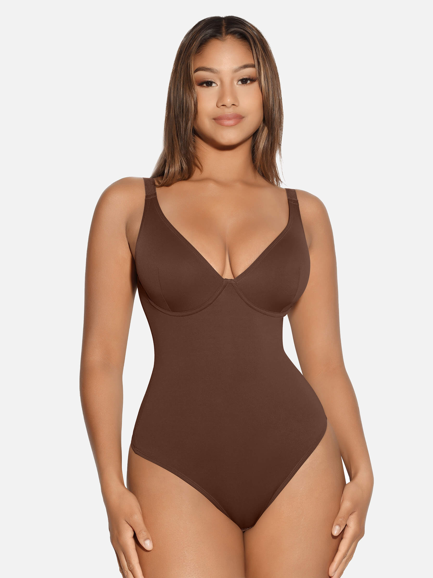 HeyCurve| V Neck Tummy Control Thong Bodysuit