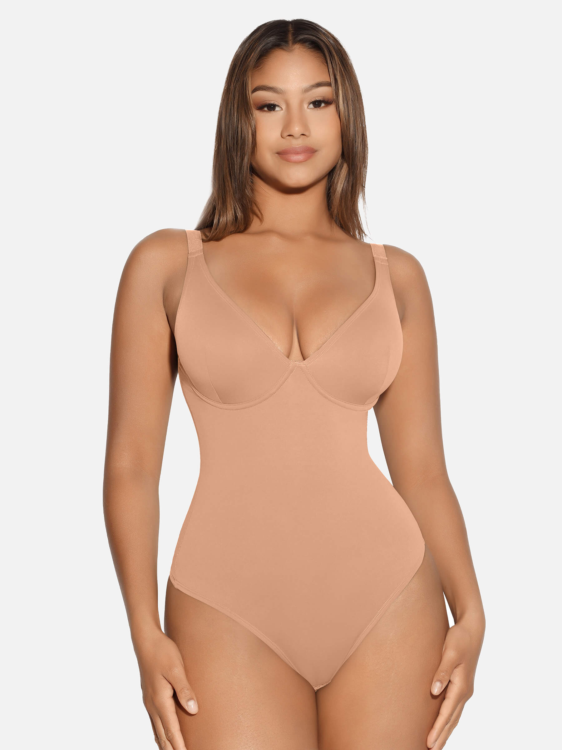 HeyCurve| V Neck Tummy Control Thong Bodysuit