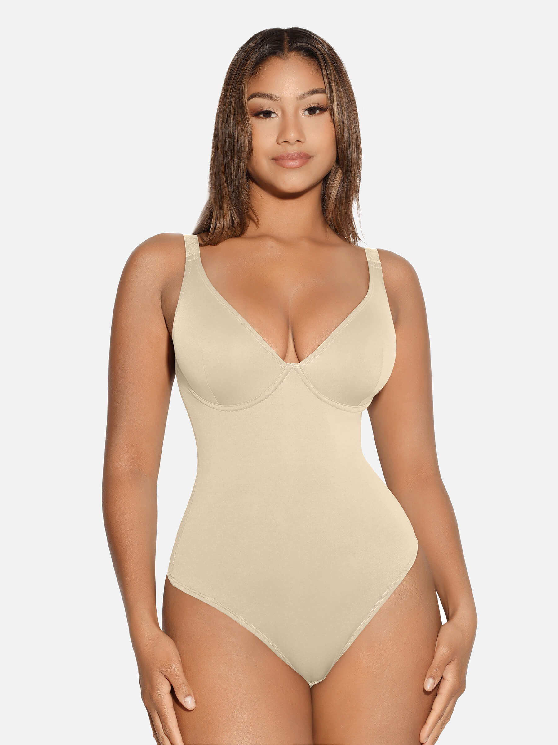HeyCurve| V Neck Tummy Control Thong Bodysuit