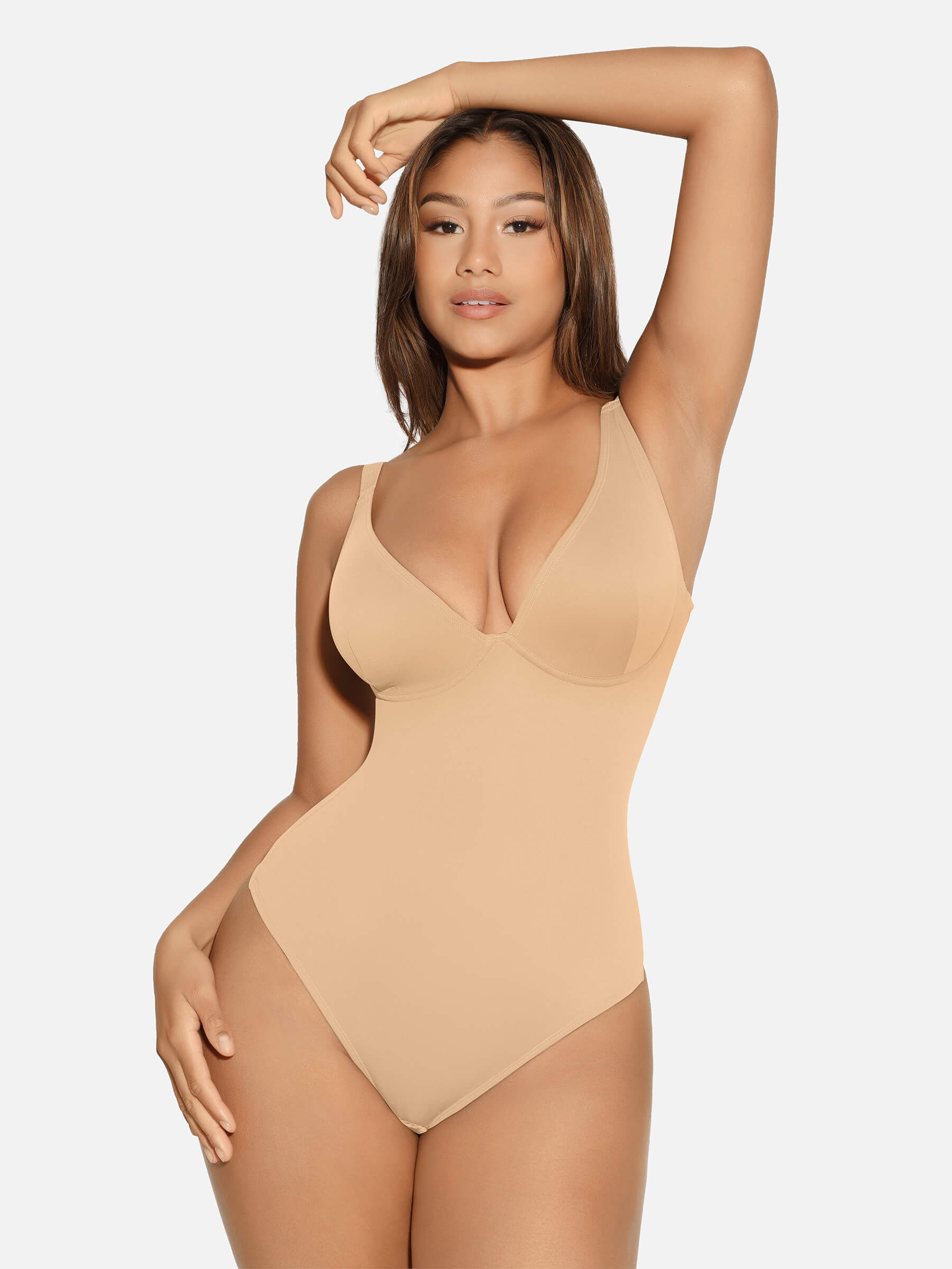 HeyCurve| V Neck Tummy Control Thong Bodysuit