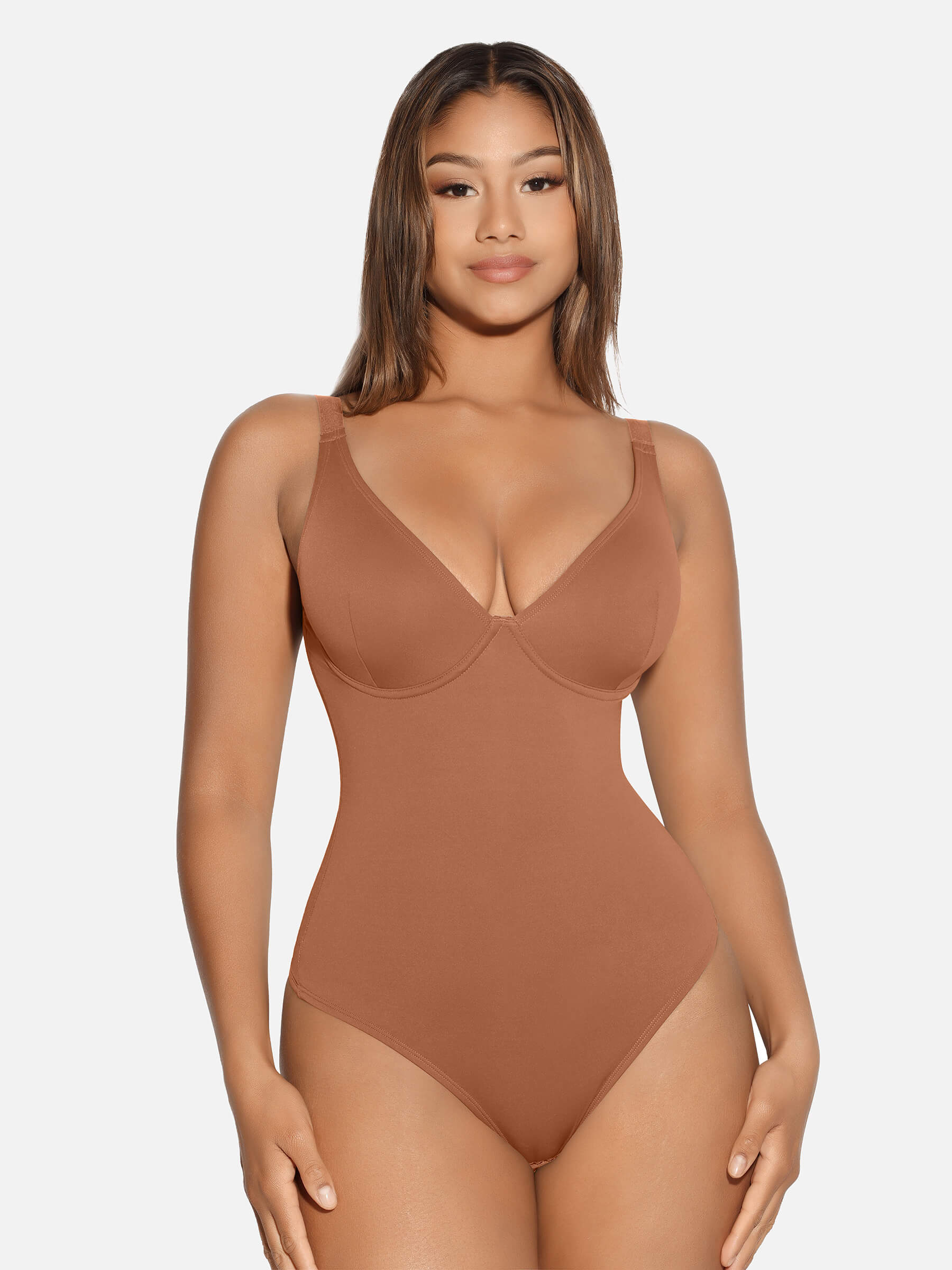 HeyCurve| V Neck Tummy Control Thong Bodysuit