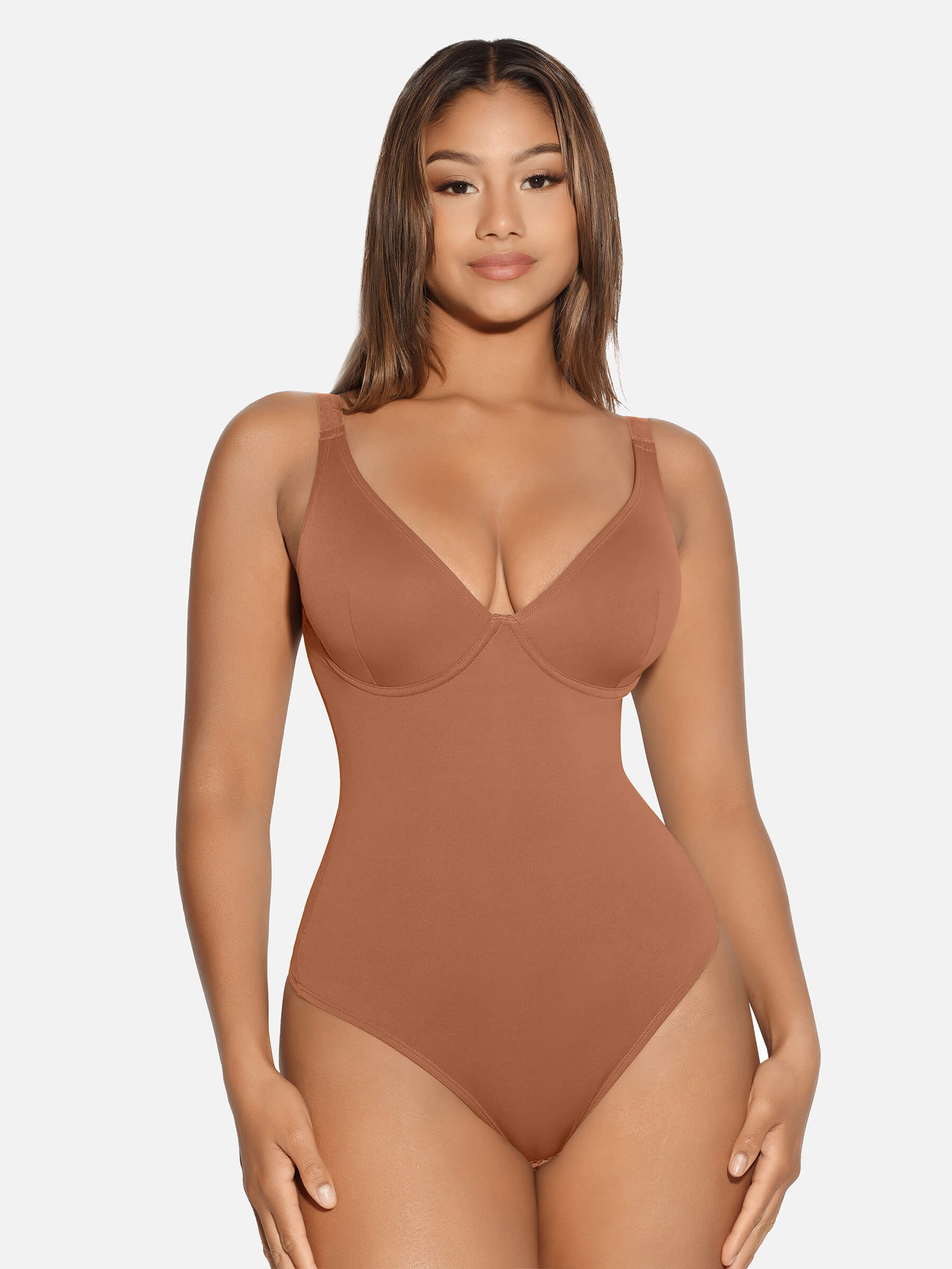 HeyCurve| V Neck Tummy Control Thong Bodysuit