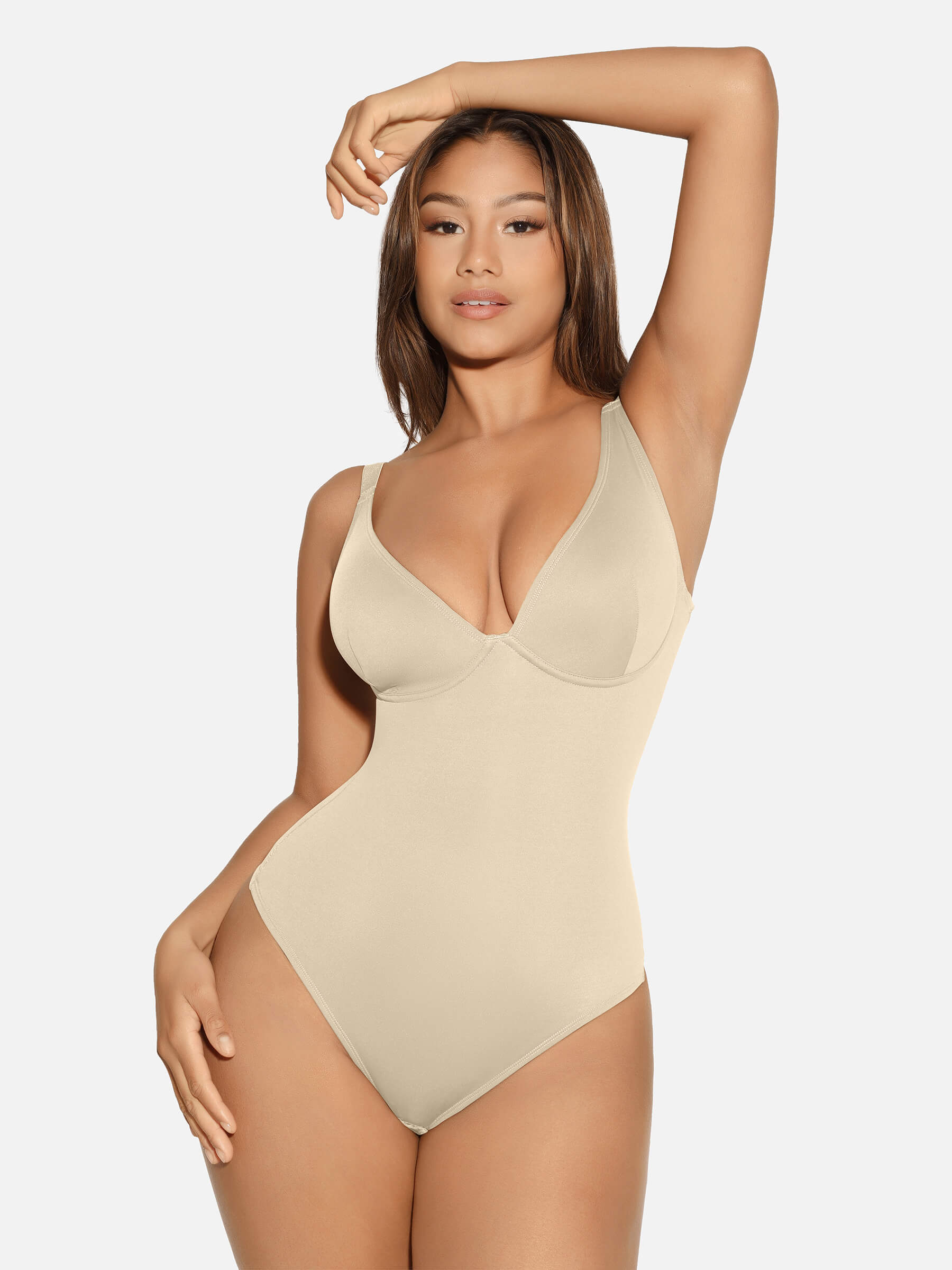 HeyCurve| V Neck Tummy Control Thong Bodysuit