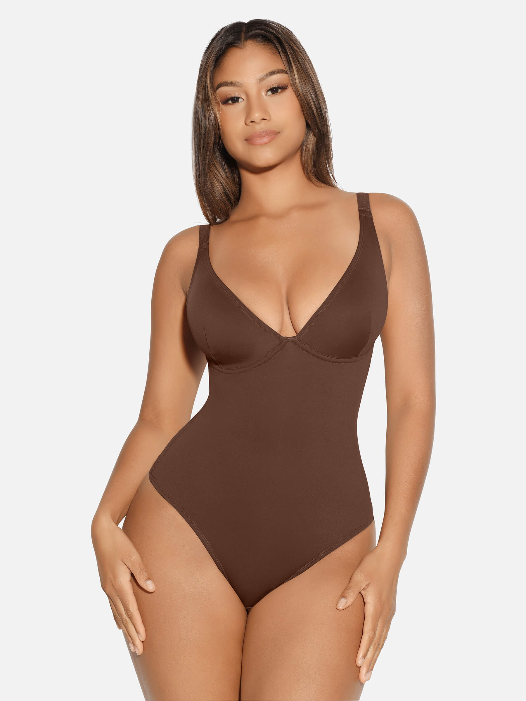HeyCurve| V Neck Tummy Control Thong Bodysuit