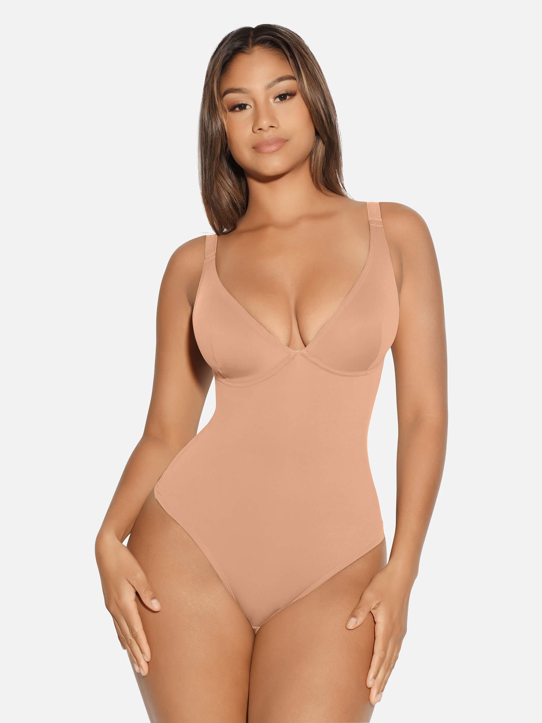 HeyCurve| V Neck Tummy Control Thong Bodysuit