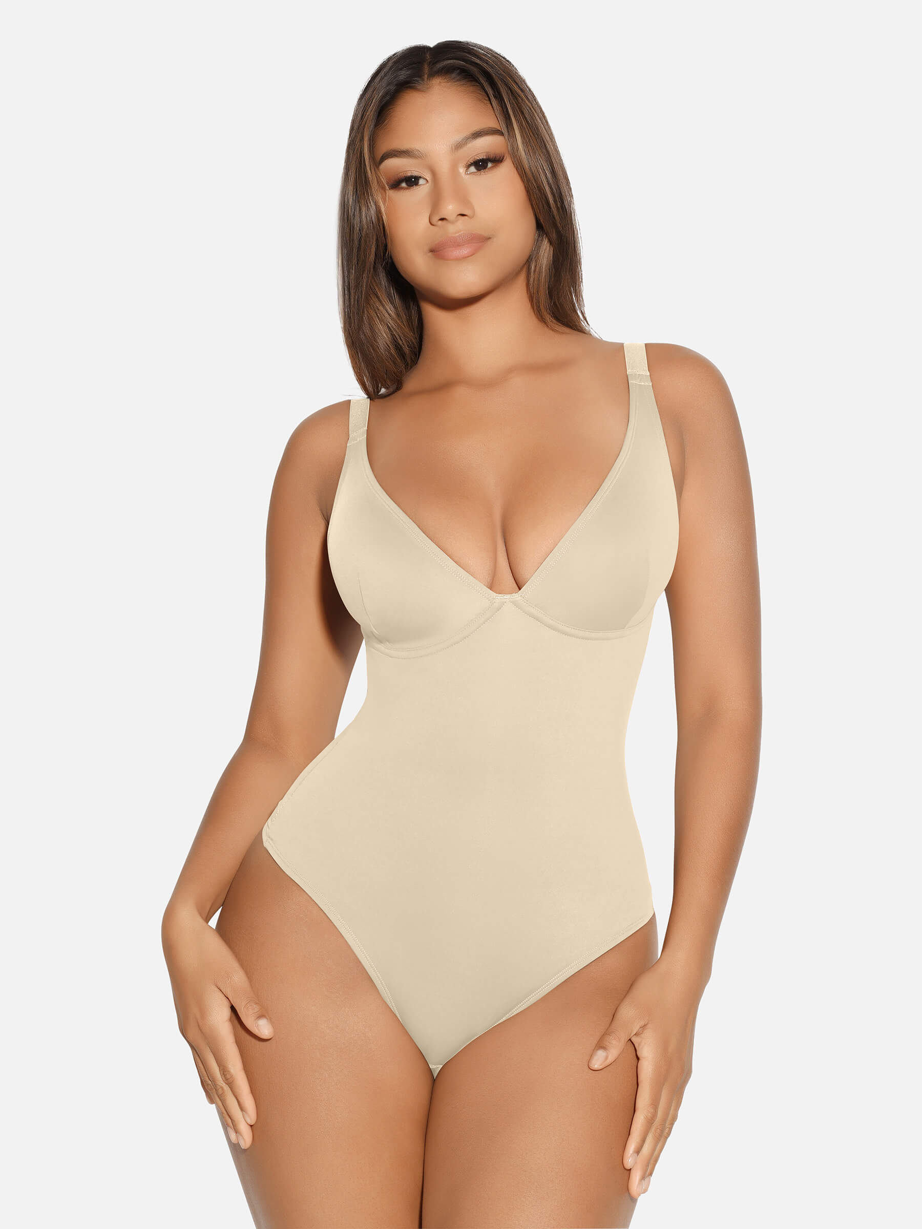 HeyCurve| V Neck Tummy Control Thong Bodysuit
