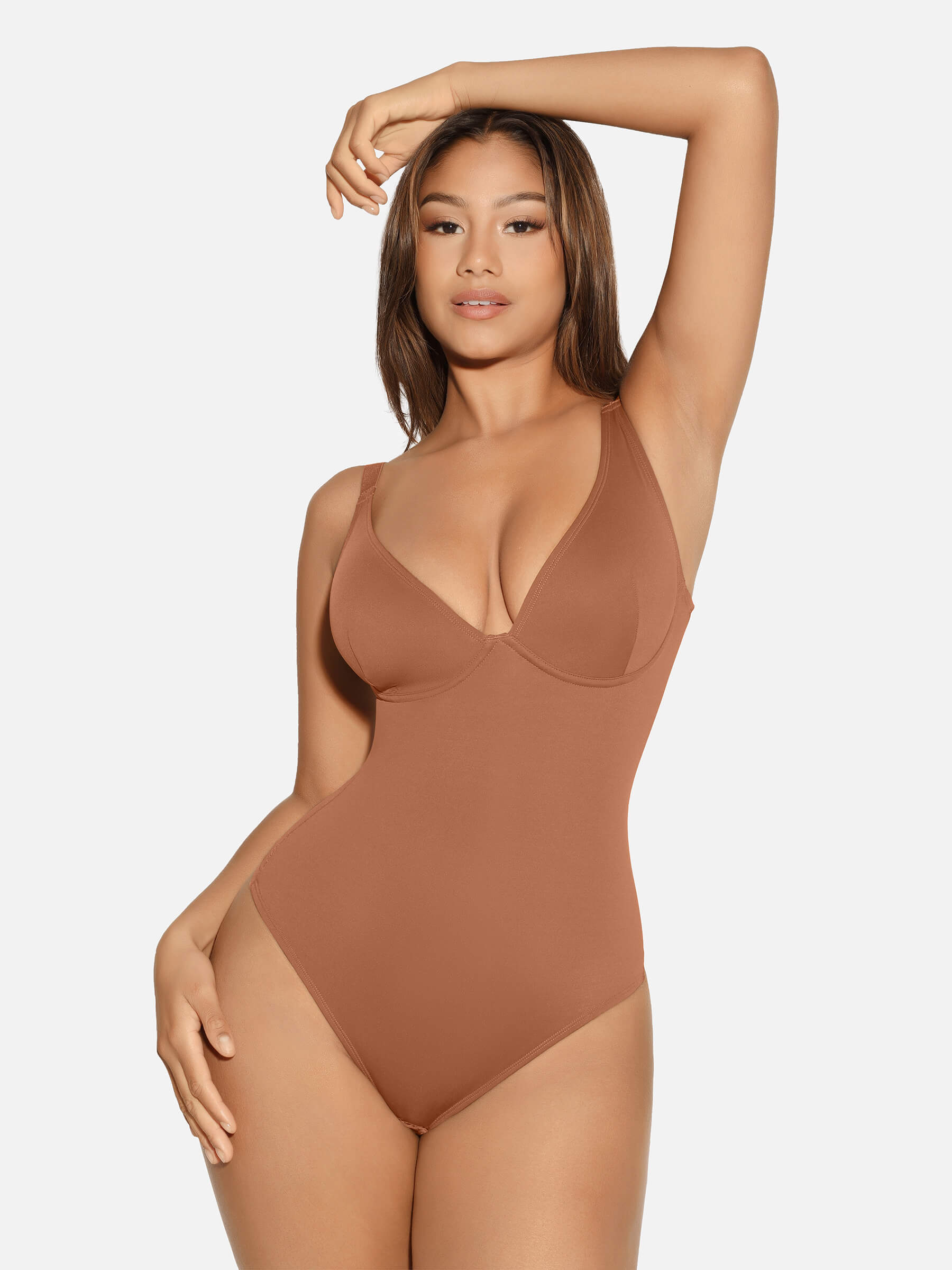 HeyCurve| V Neck Tummy Control Thong Bodysuit