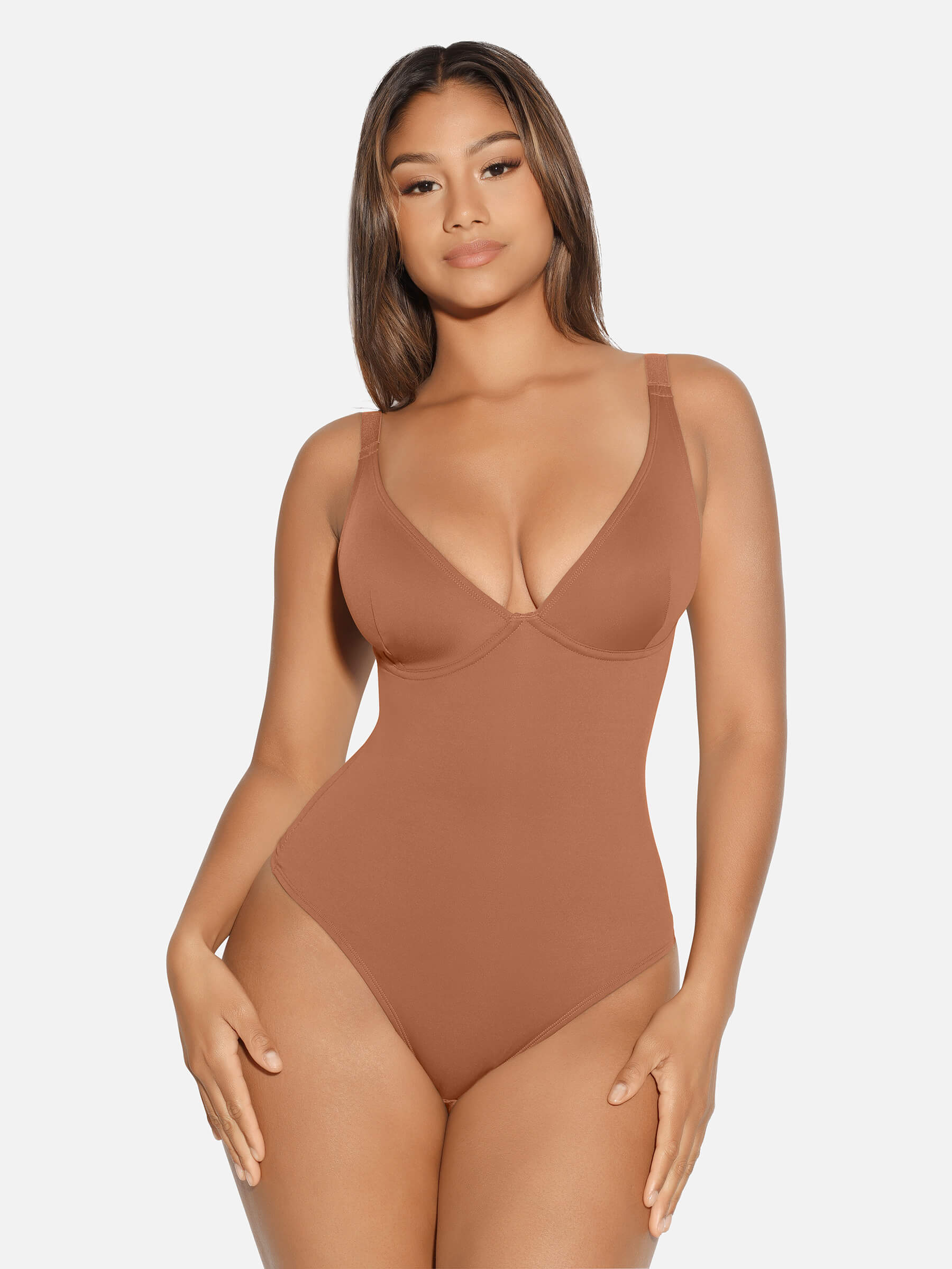 HeyCurve| V Neck Tummy Control Thong Bodysuit