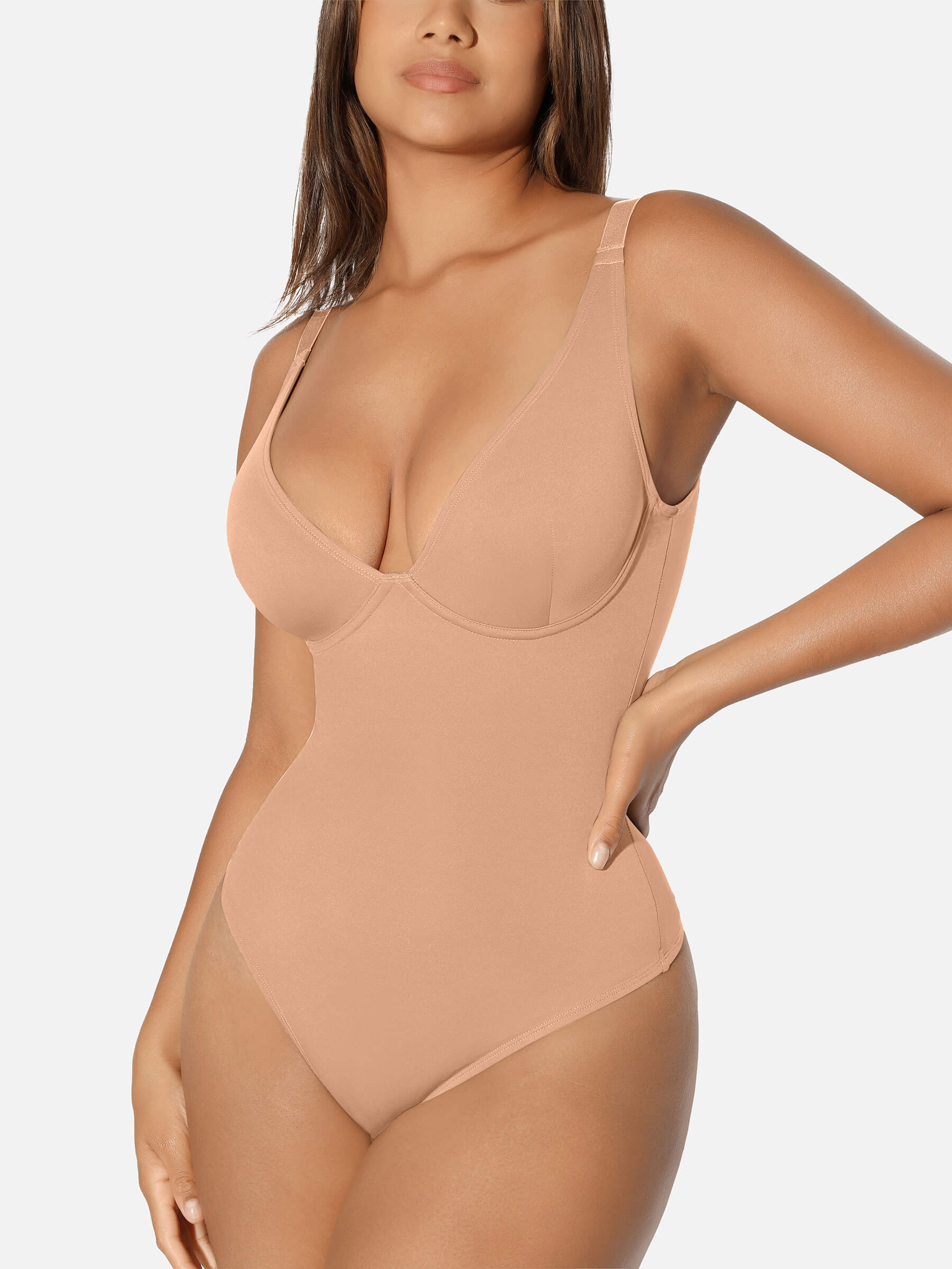 HeyCurve| V Neck Tummy Control Thong Bodysuit