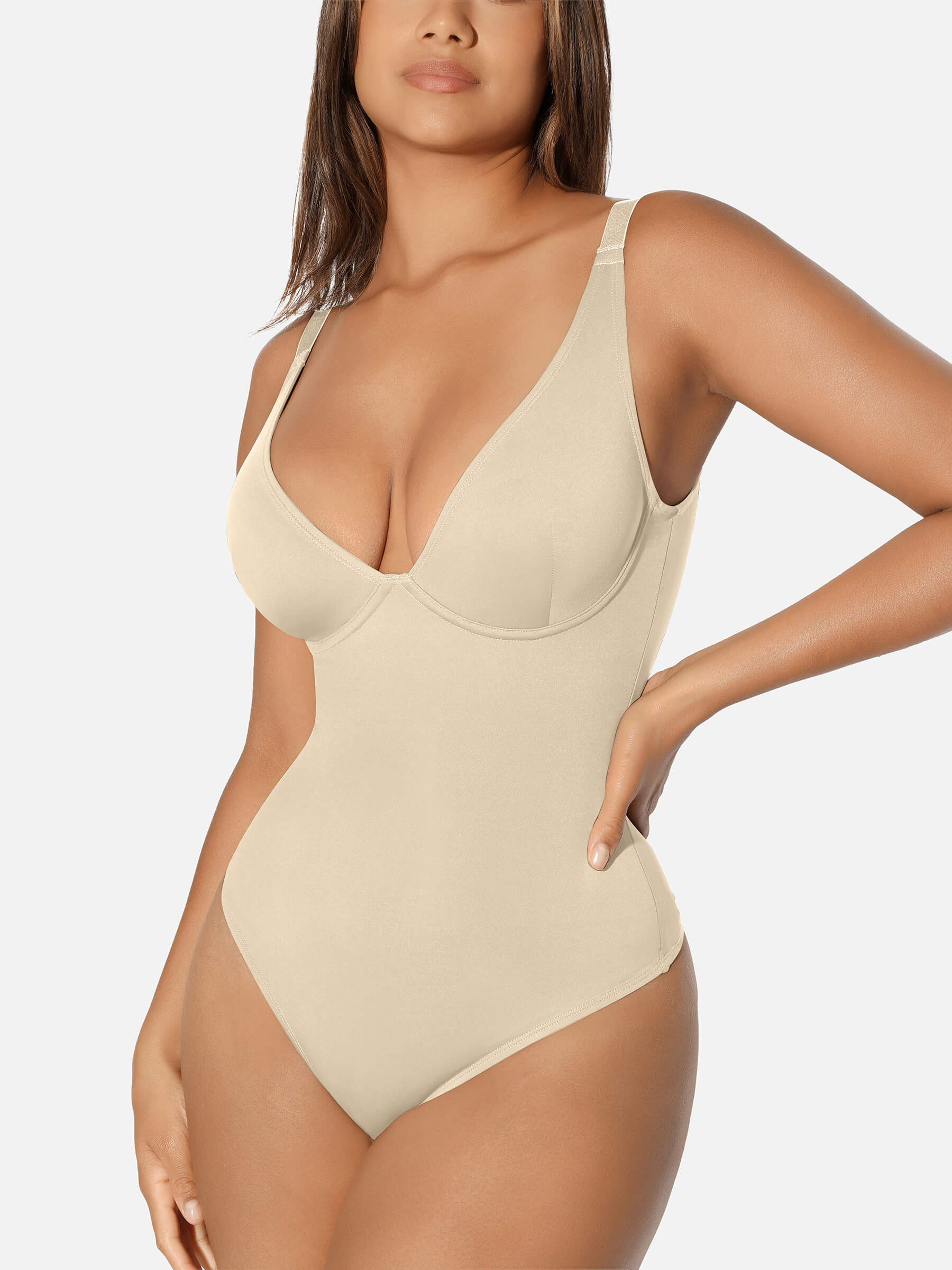 HeyCurve| V Neck Tummy Control Thong Bodysuit