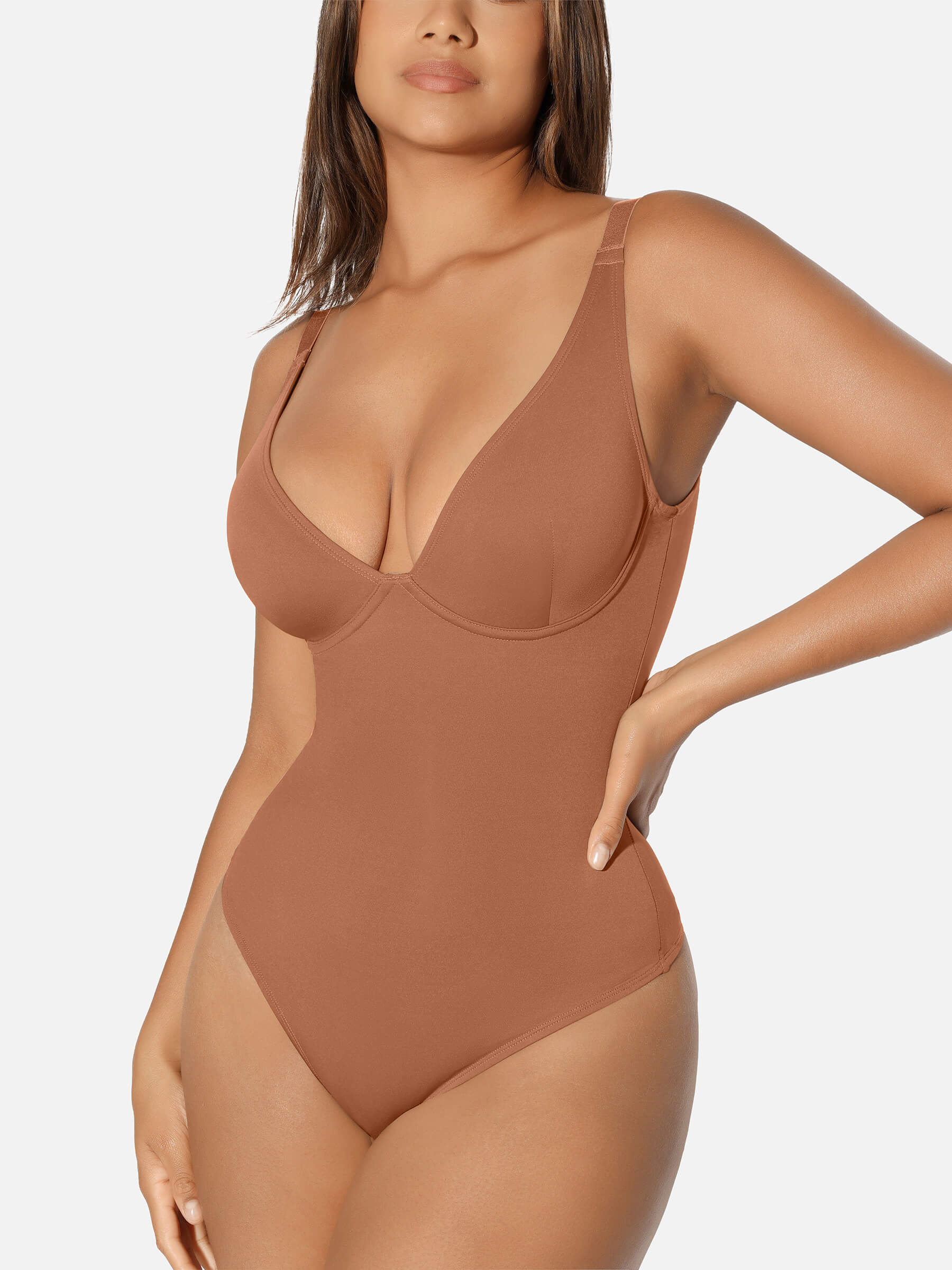 HeyCurve| V Neck Tummy Control Thong Bodysuit