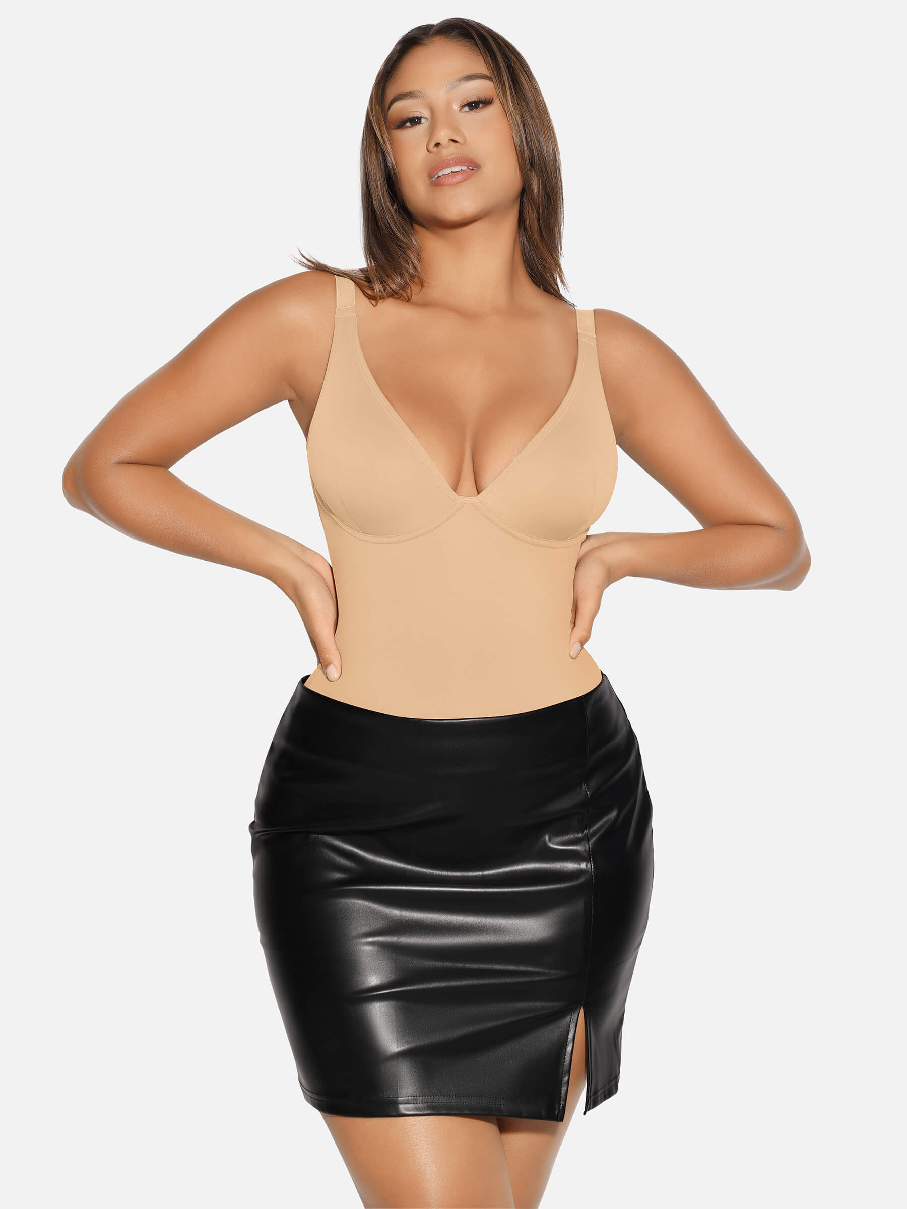 HeyCurve| V Neck Tummy Control Thong Bodysuit