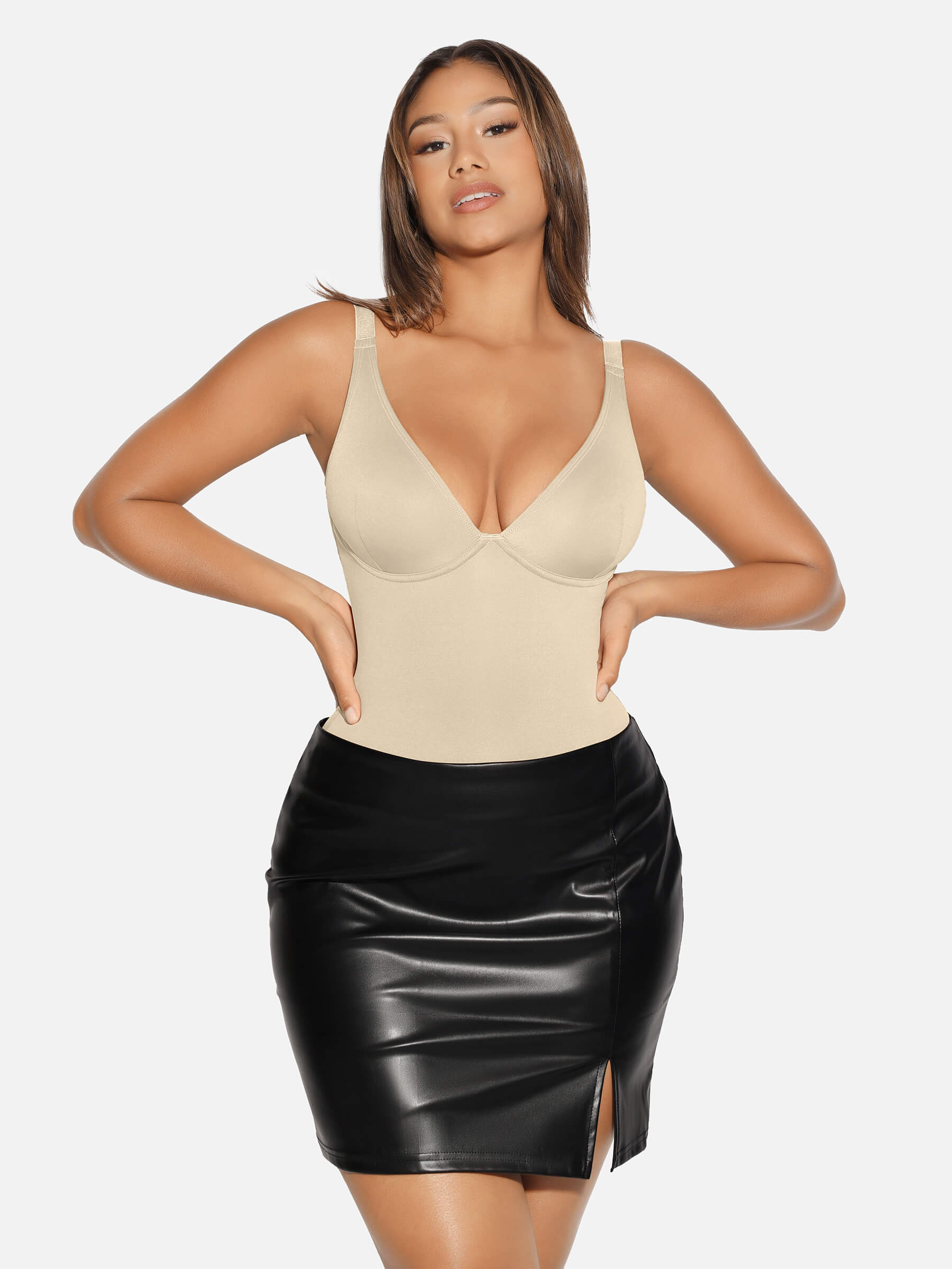 HeyCurve| V Neck Tummy Control Thong Bodysuit