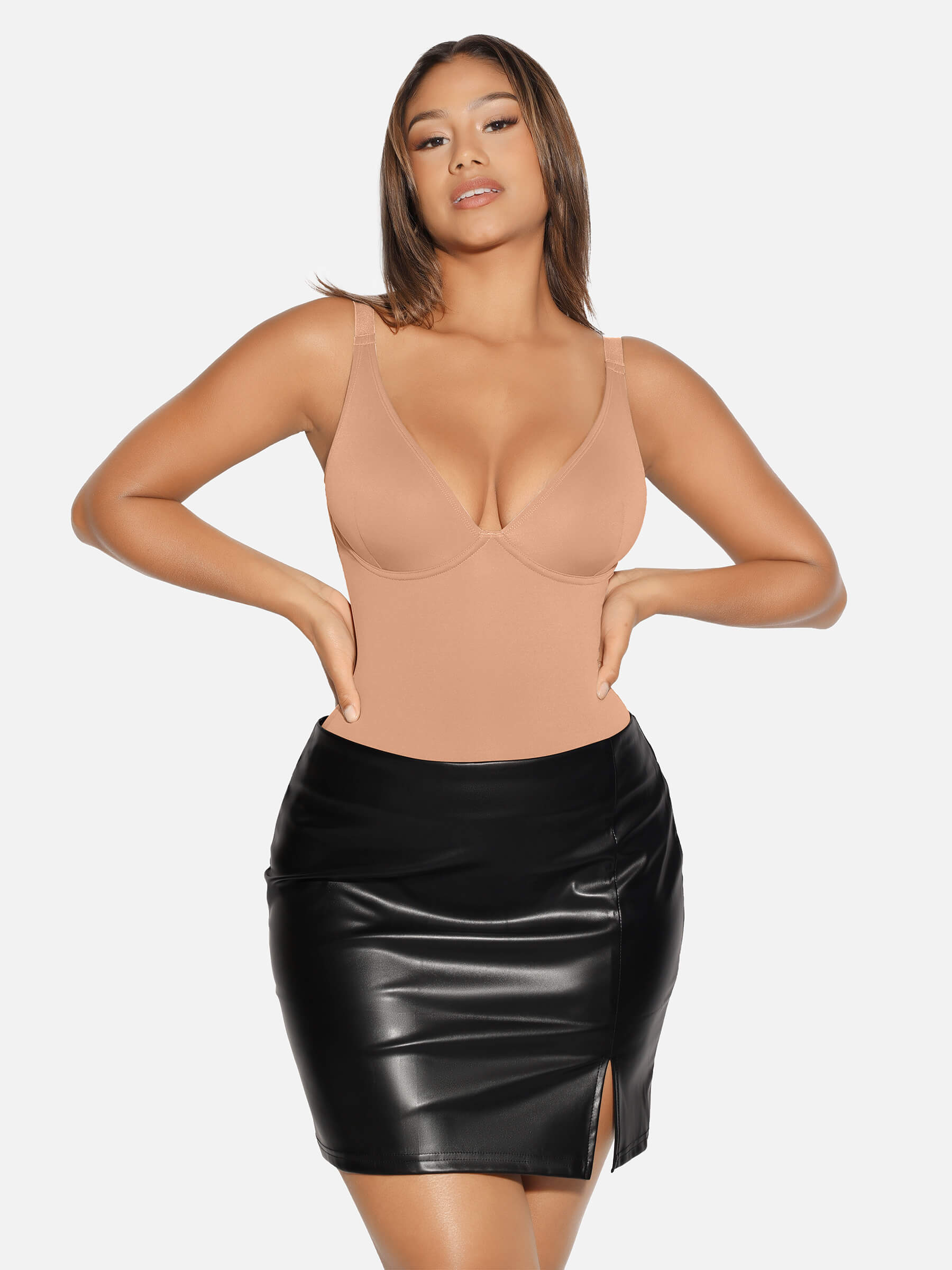 HeyCurve| V Neck Tummy Control Thong Bodysuit