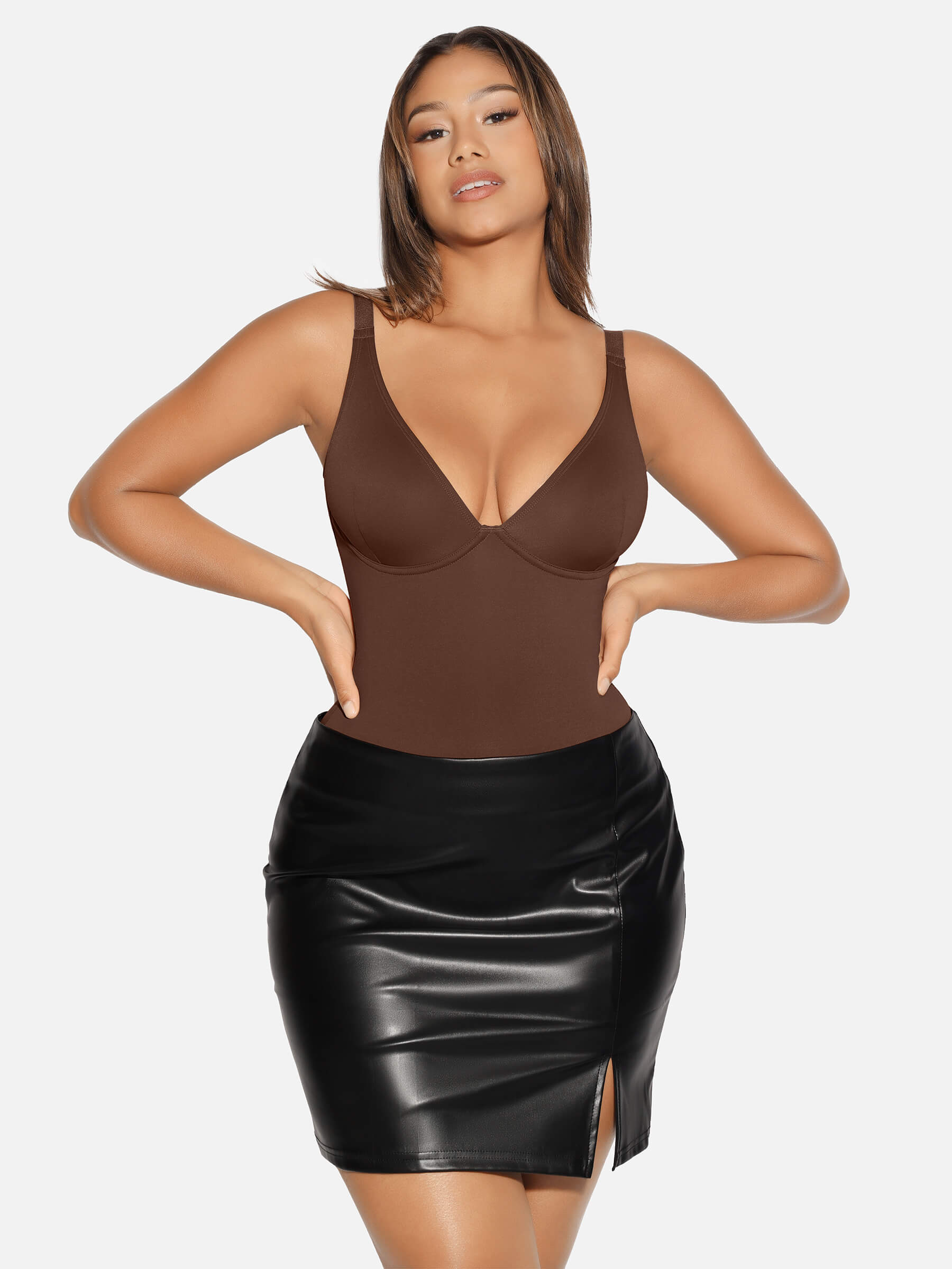 HeyCurve| V Neck Tummy Control Thong Bodysuit