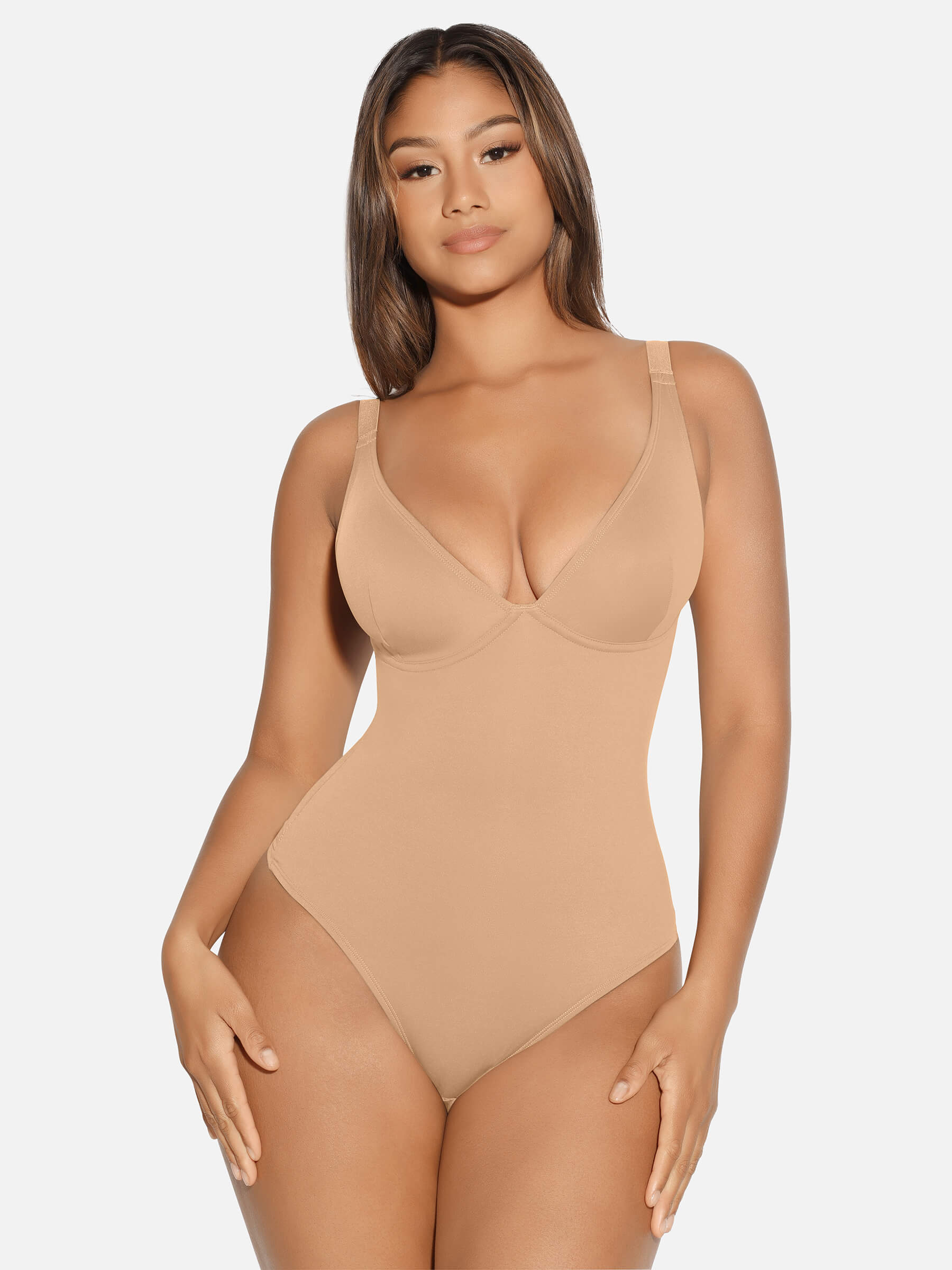 HeyCurve| V Neck Tummy Control Thong Bodysuit