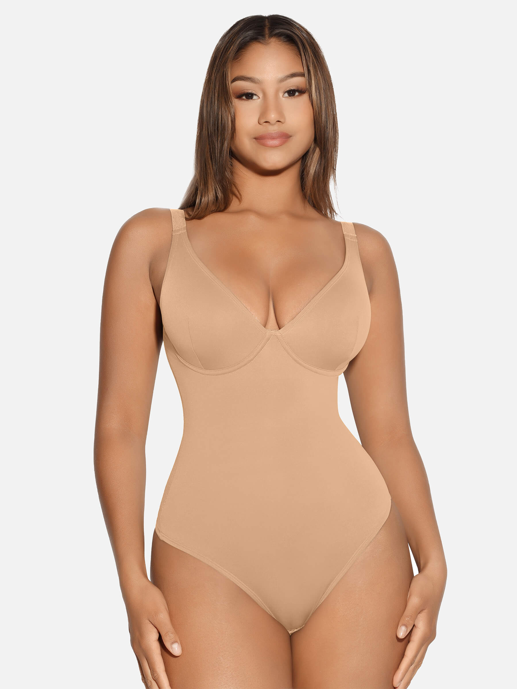 HeyCurve| V Neck Tummy Control Thong Bodysuit