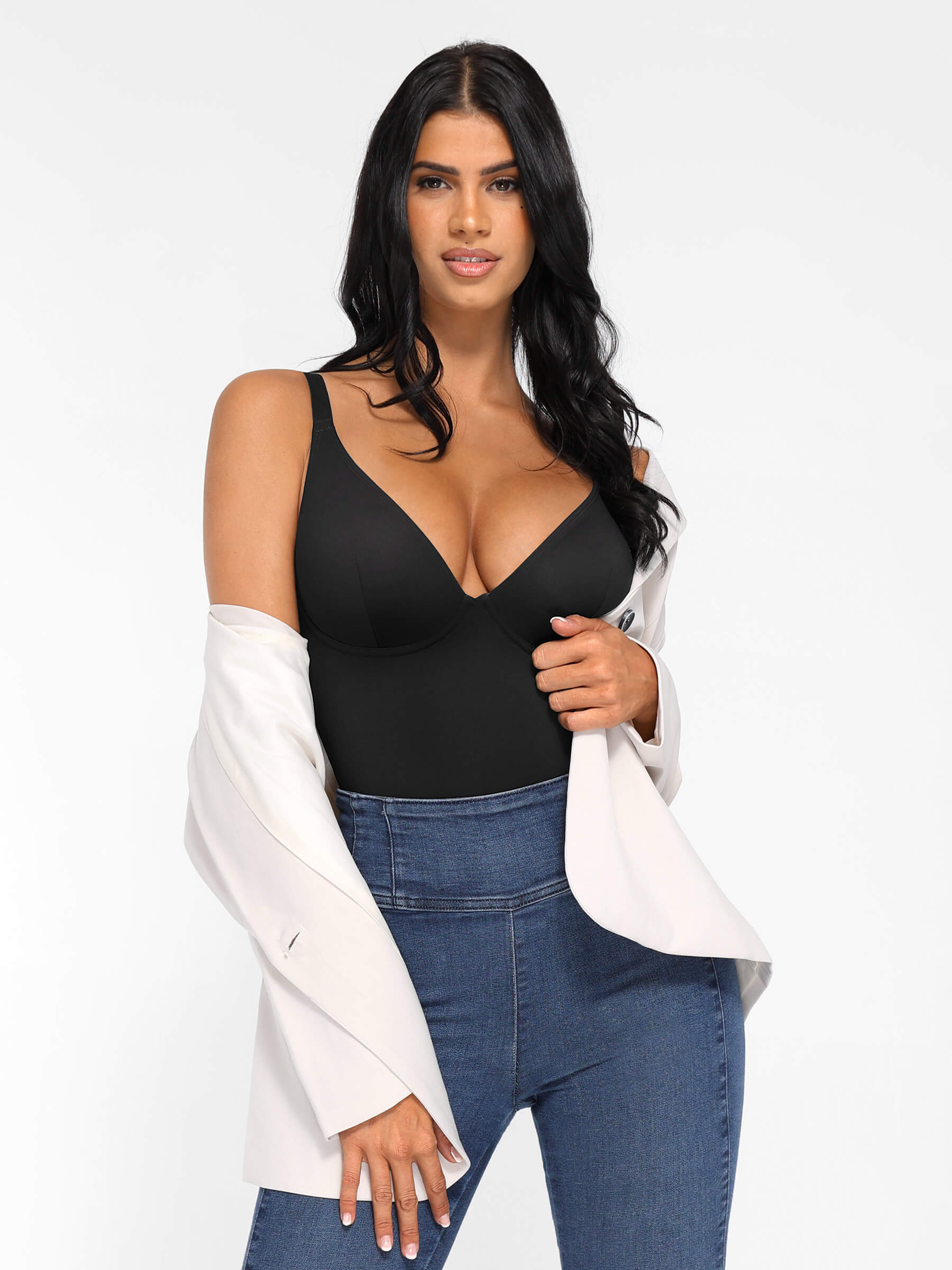 HeyCurve| V Neck Tummy Control Thong Bodysuit