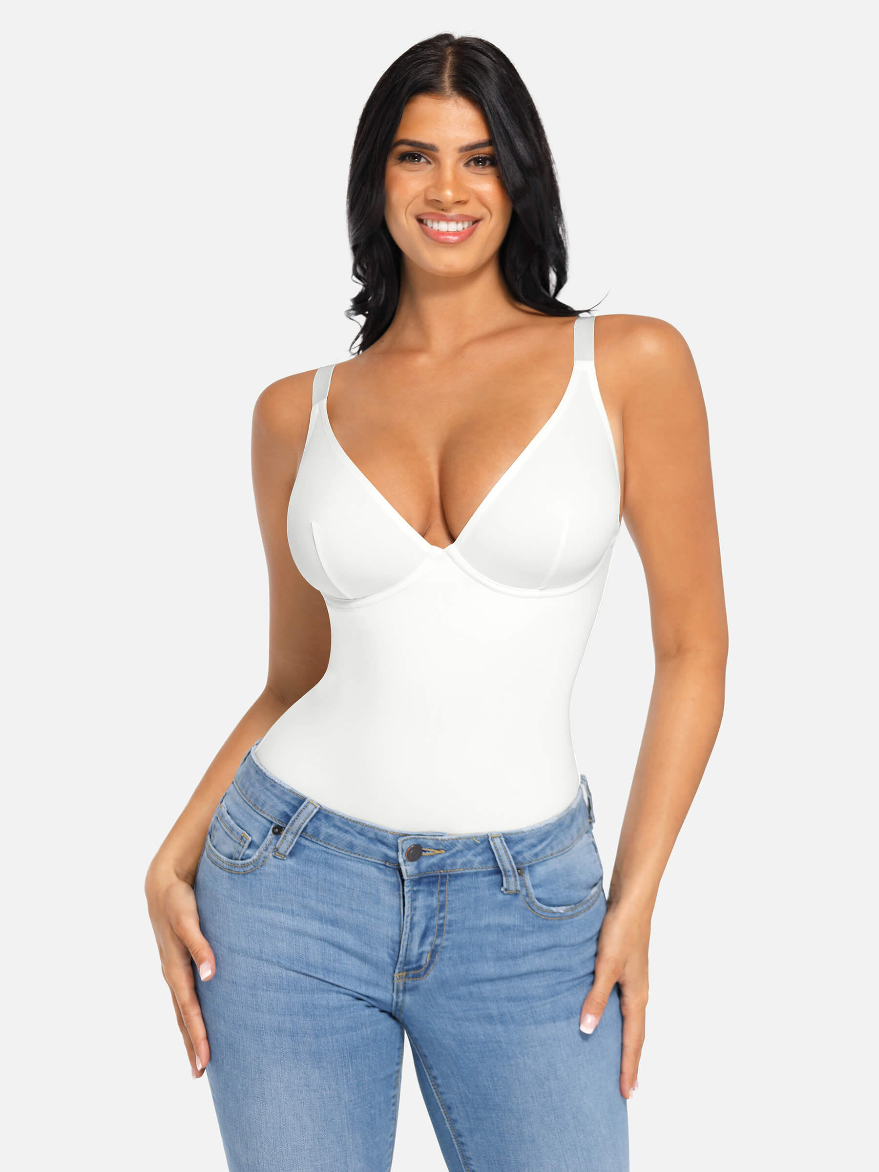 HeyCurve| V Neck Tummy Control Thong Bodysuit