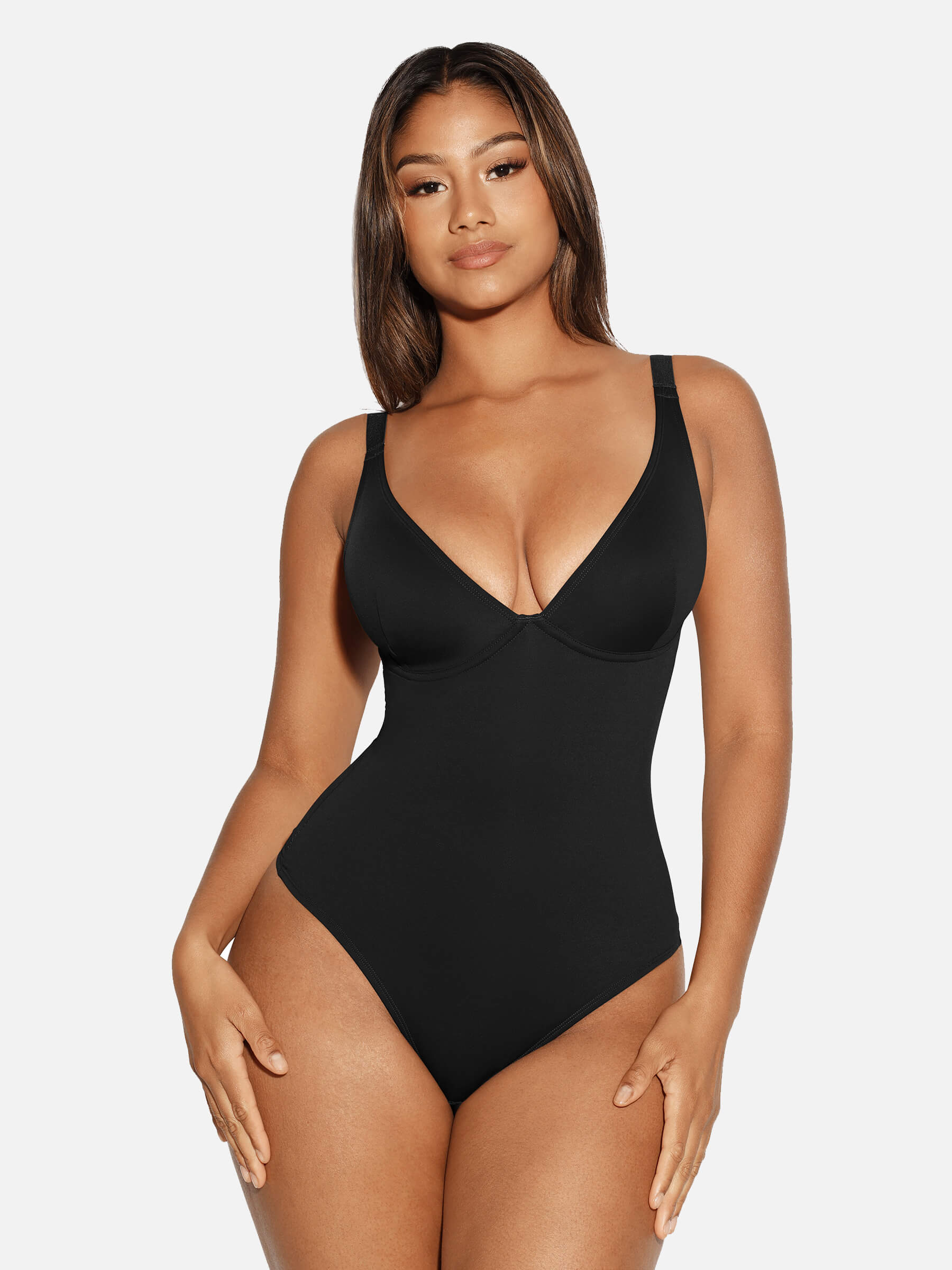 HeyCurve| V Neck Tummy Control Thong Bodysuit