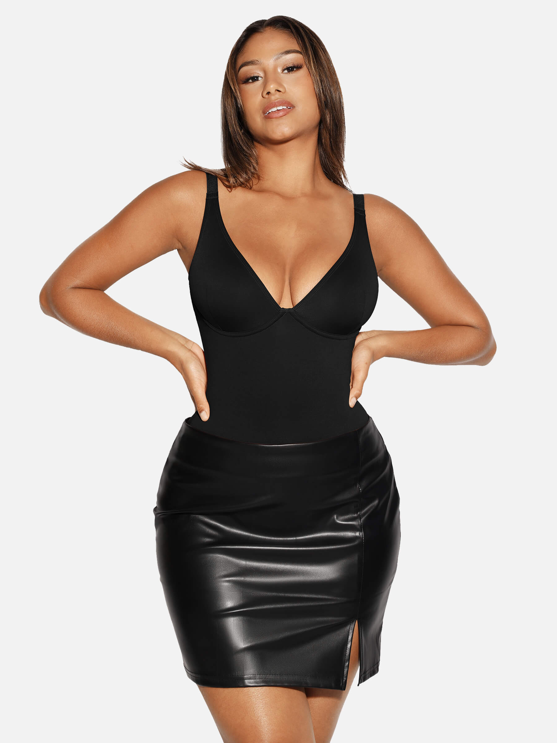 HeyCurve| V Neck Tummy Control Thong Bodysuit