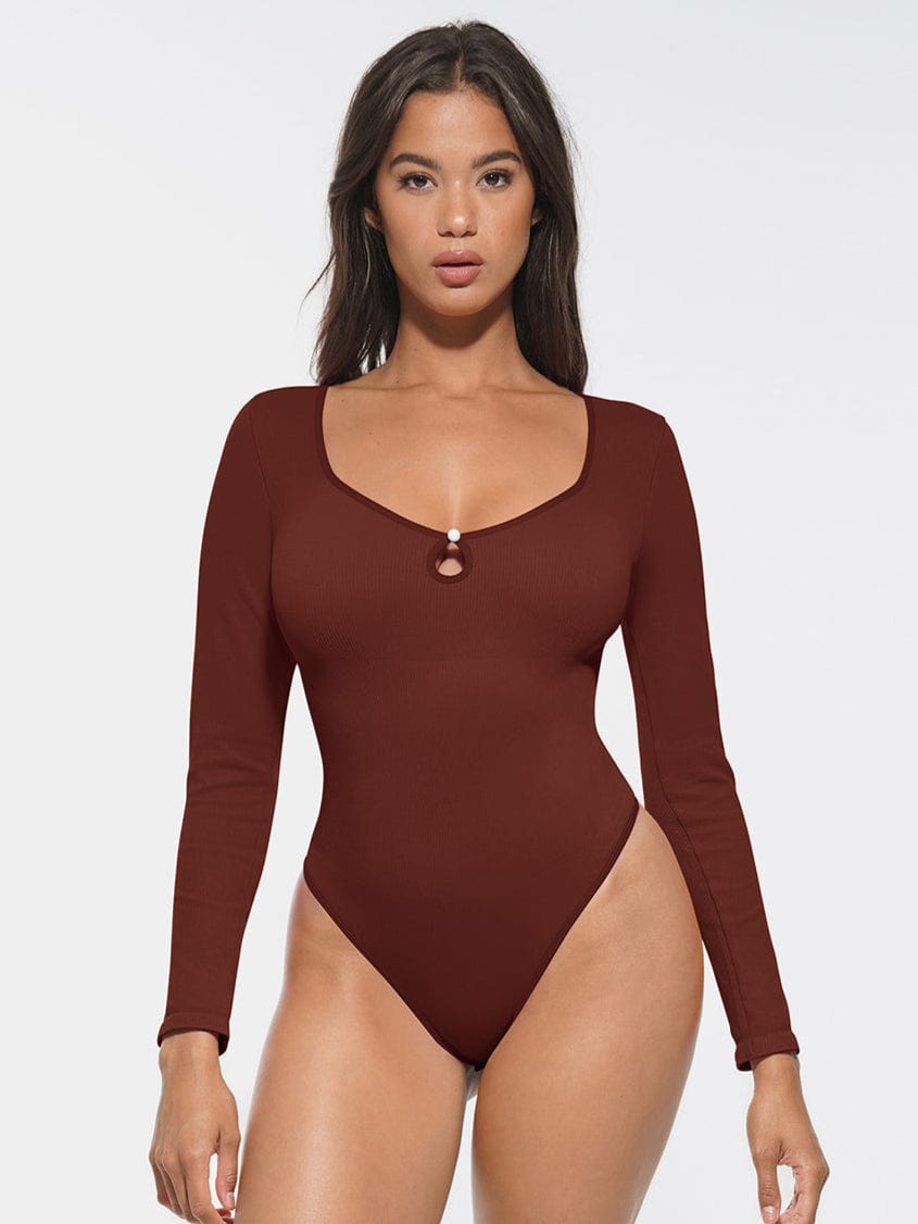 HeyCurve| Sømløs ribbet sexet hul scoop hals talje mavekontrol thong bodysuit