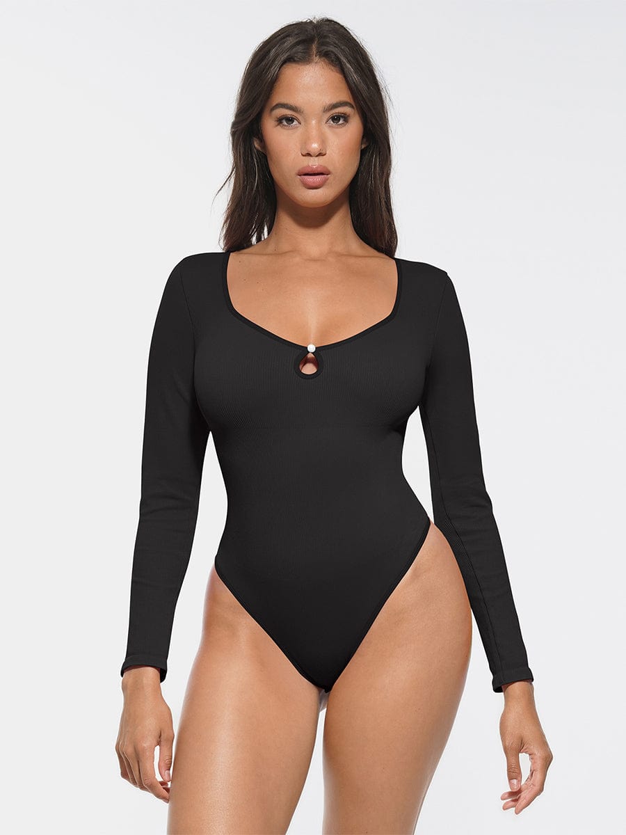 HeyCurve| Sømløs ribbet sexet hul scoop hals talje mavekontrol thong bodysuit