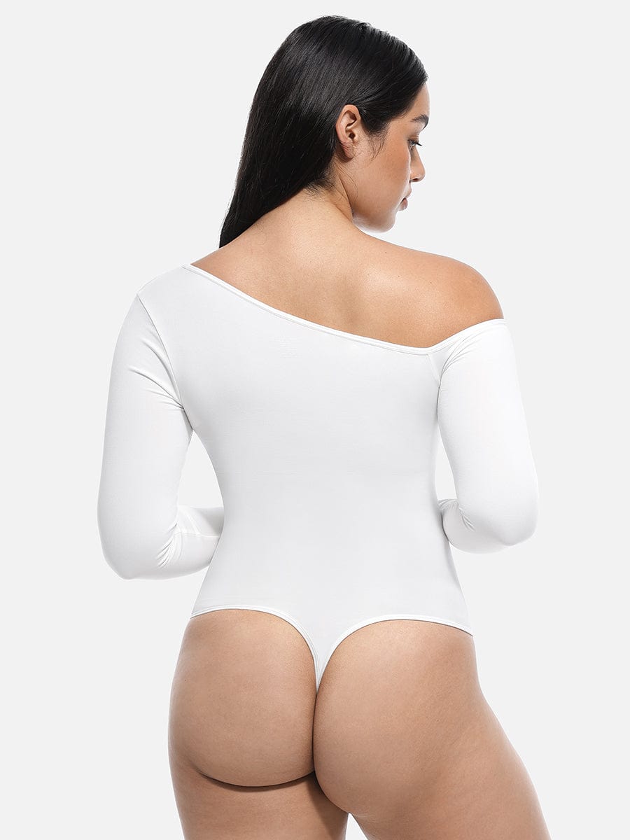 HeyCurve| Sømløs diagonal hals langærmet taljetrimmet thong bodysuit