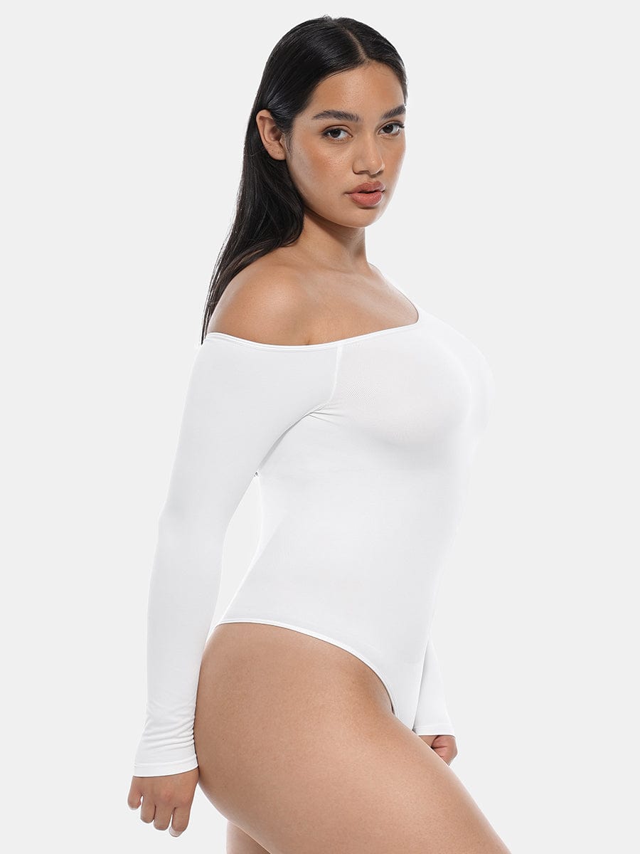 HeyCurve| Sømløs diagonal hals langærmet taljetrimmet thong bodysuit