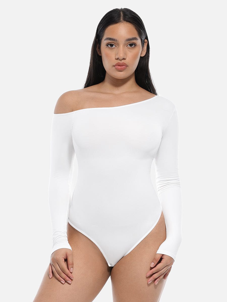 HeyCurve| Sømløs diagonal hals langærmet taljetrimmet thong bodysuit
