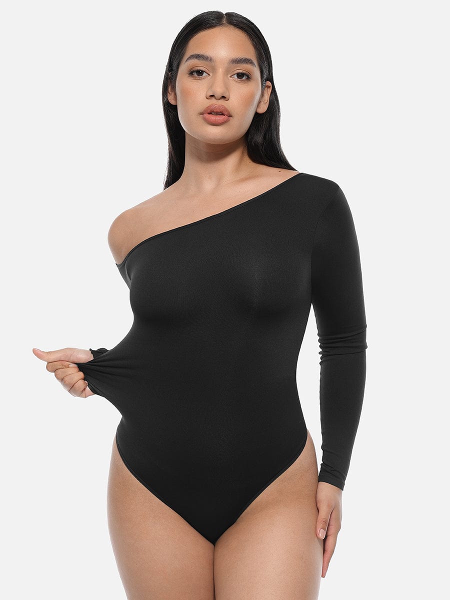HeyCurve| Sømløs diagonal hals langærmet taljetrimmet thong bodysuit