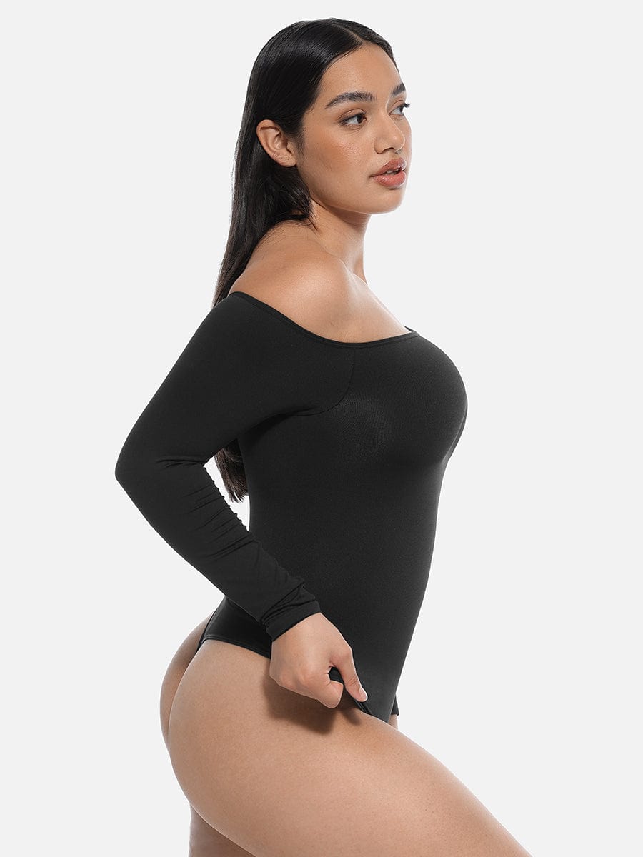 HeyCurve| Sømløs diagonal hals langærmet taljetrimmet thong bodysuit