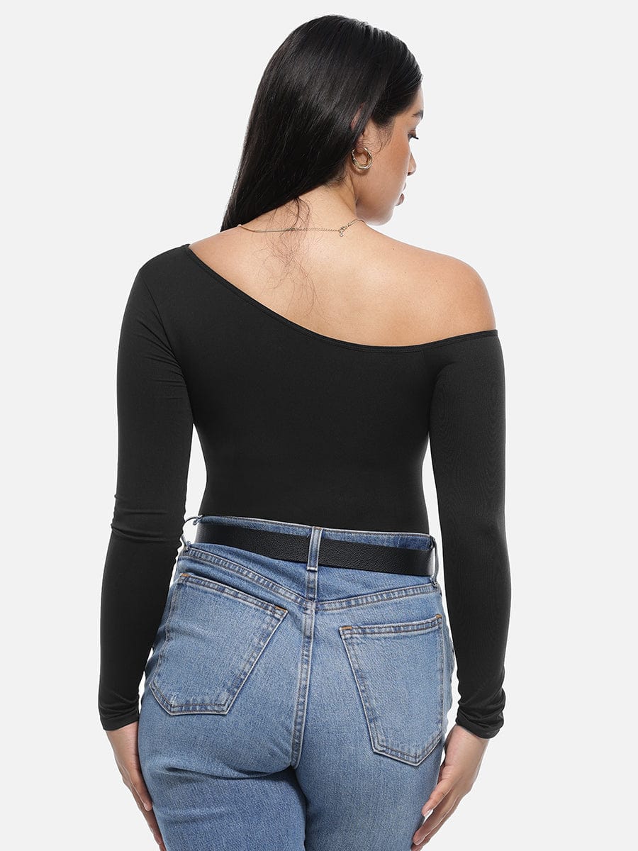 HeyCurve| Sømløs diagonal hals langærmet taljetrimmet thong bodysuit