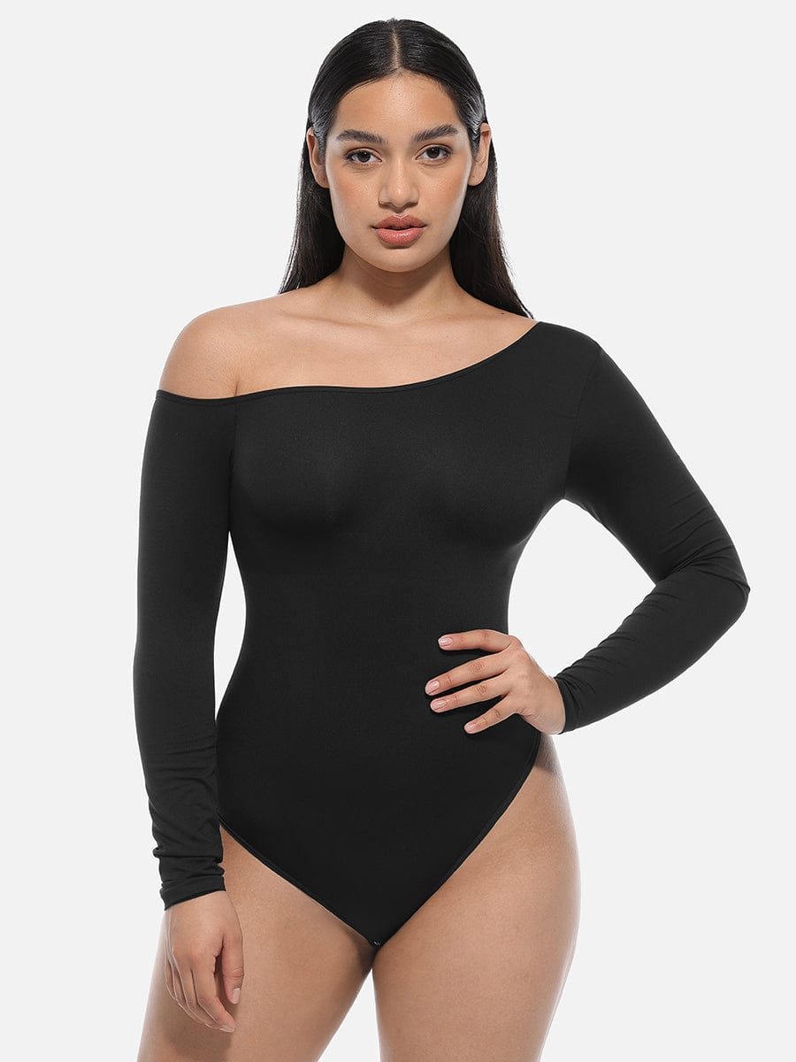 HeyCurve| Sømløs diagonal hals langærmet taljetrimmet thong bodysuit