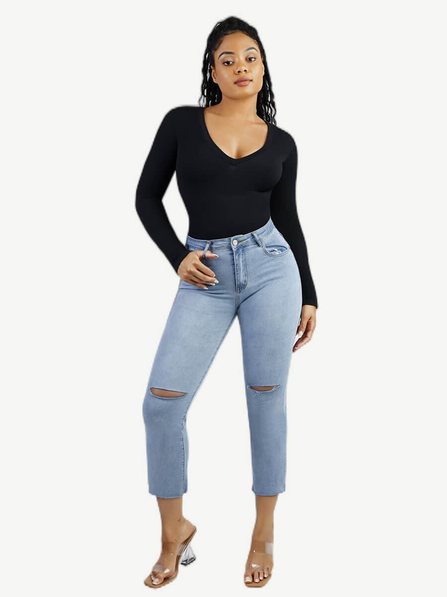 HeyCurve| Langærmet V-hals Taljeformende Mavekontrol Sømløs Bodystocking